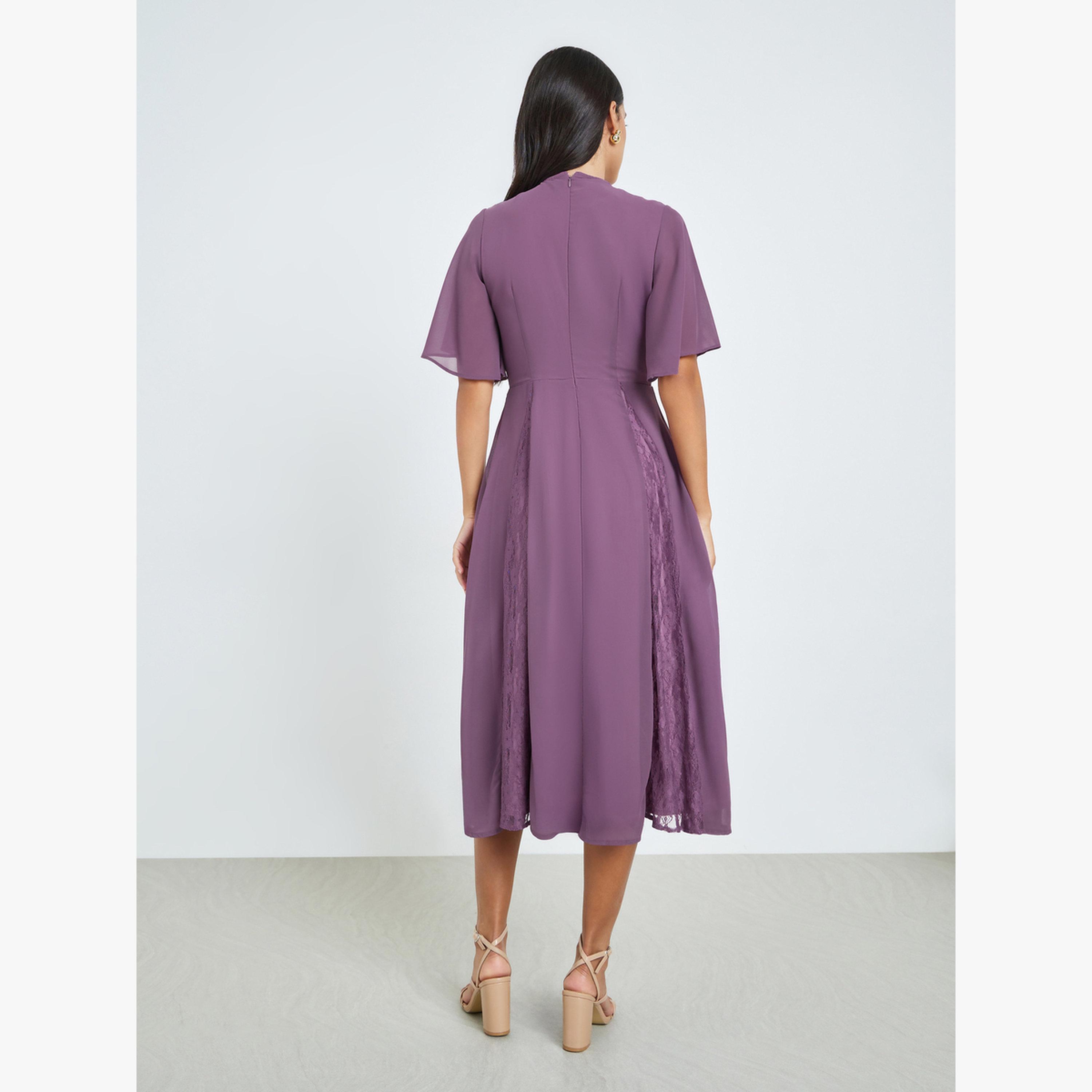 فستان ميدي بحافة واسعة وأكمام قصيرة وتفاصيل دانتيل-women-clothing-dresses-image-4
