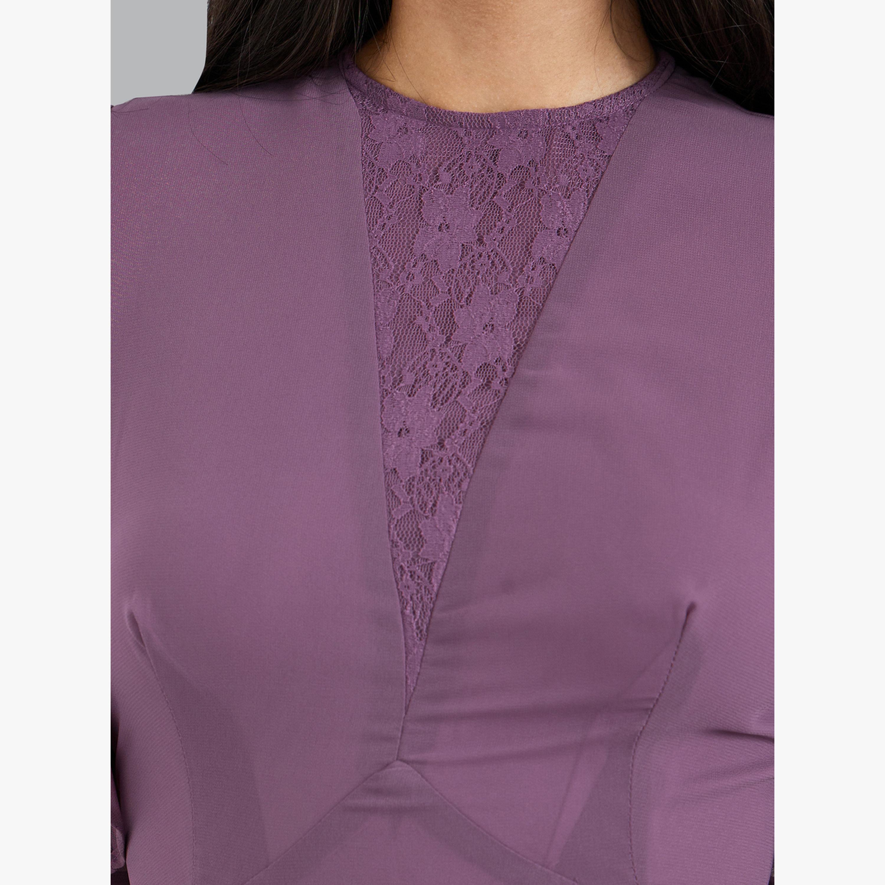 فستان ميدي بحافة واسعة وأكمام قصيرة وتفاصيل دانتيل-women-clothing-dresses-image-5