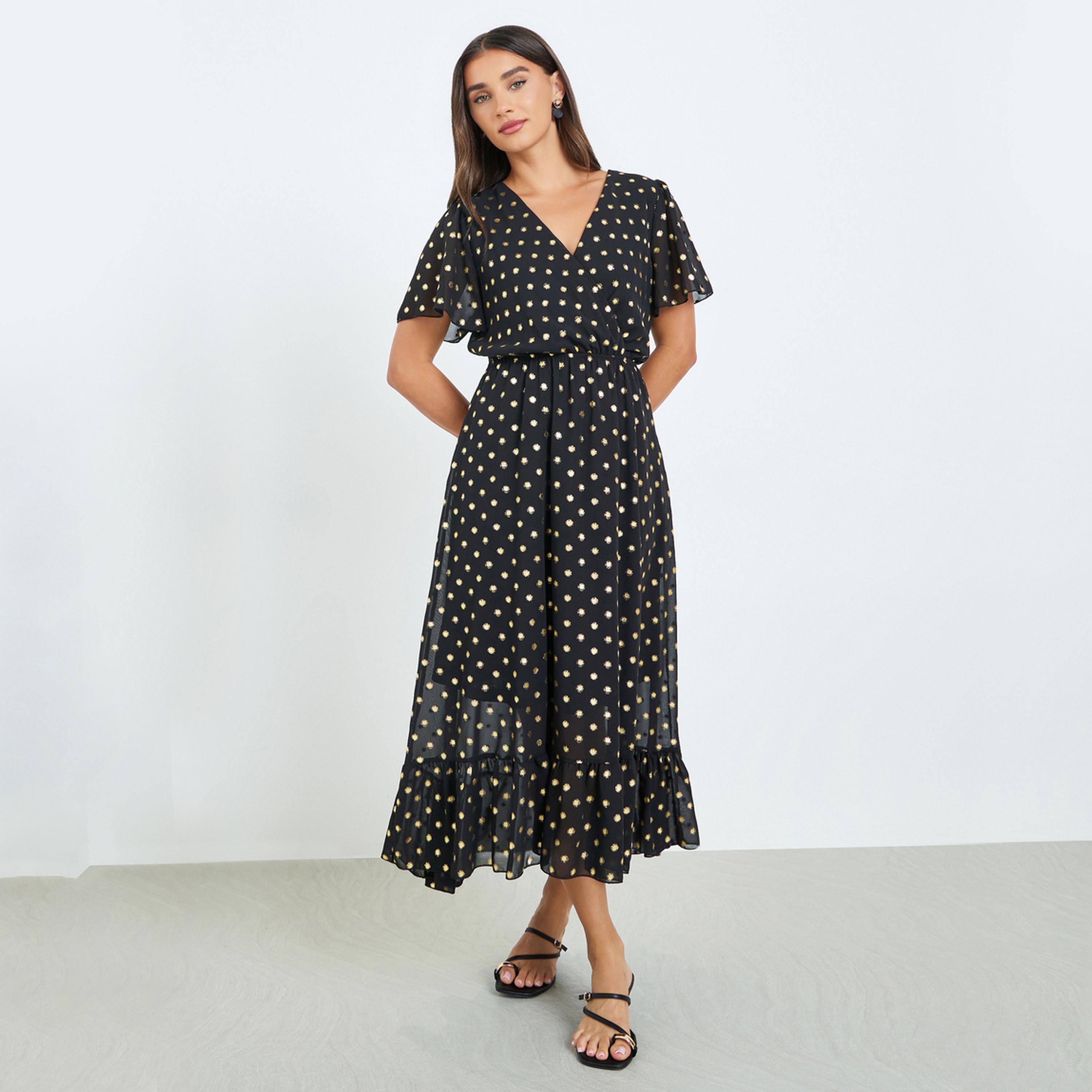 Styli Women Black Polka Dot Print A-Line Maxi Dress-women-clothing-dresses-image-1