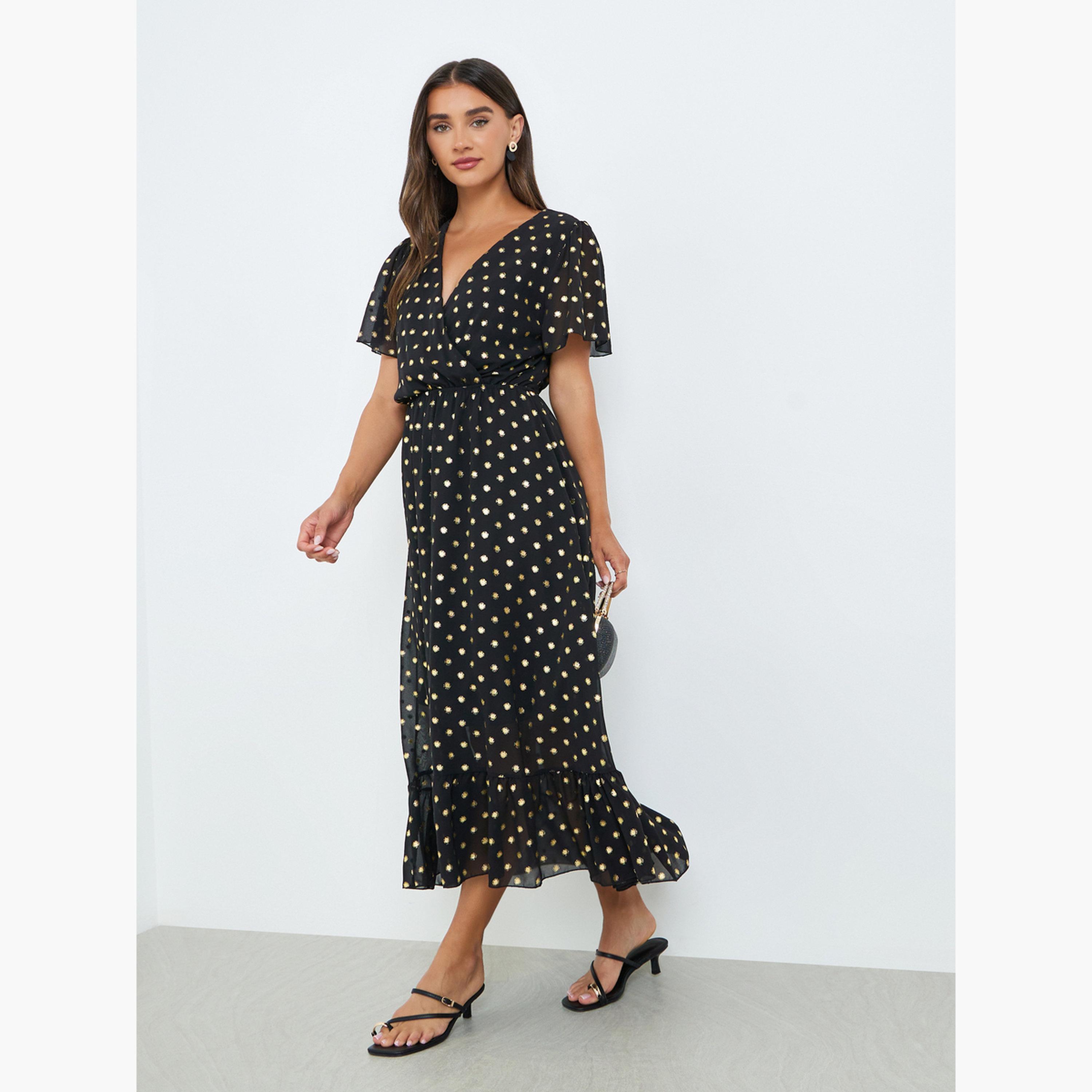 Styli Women Black Polka Dot Print A-Line Maxi Dress-women-clothing-dresses-image-2