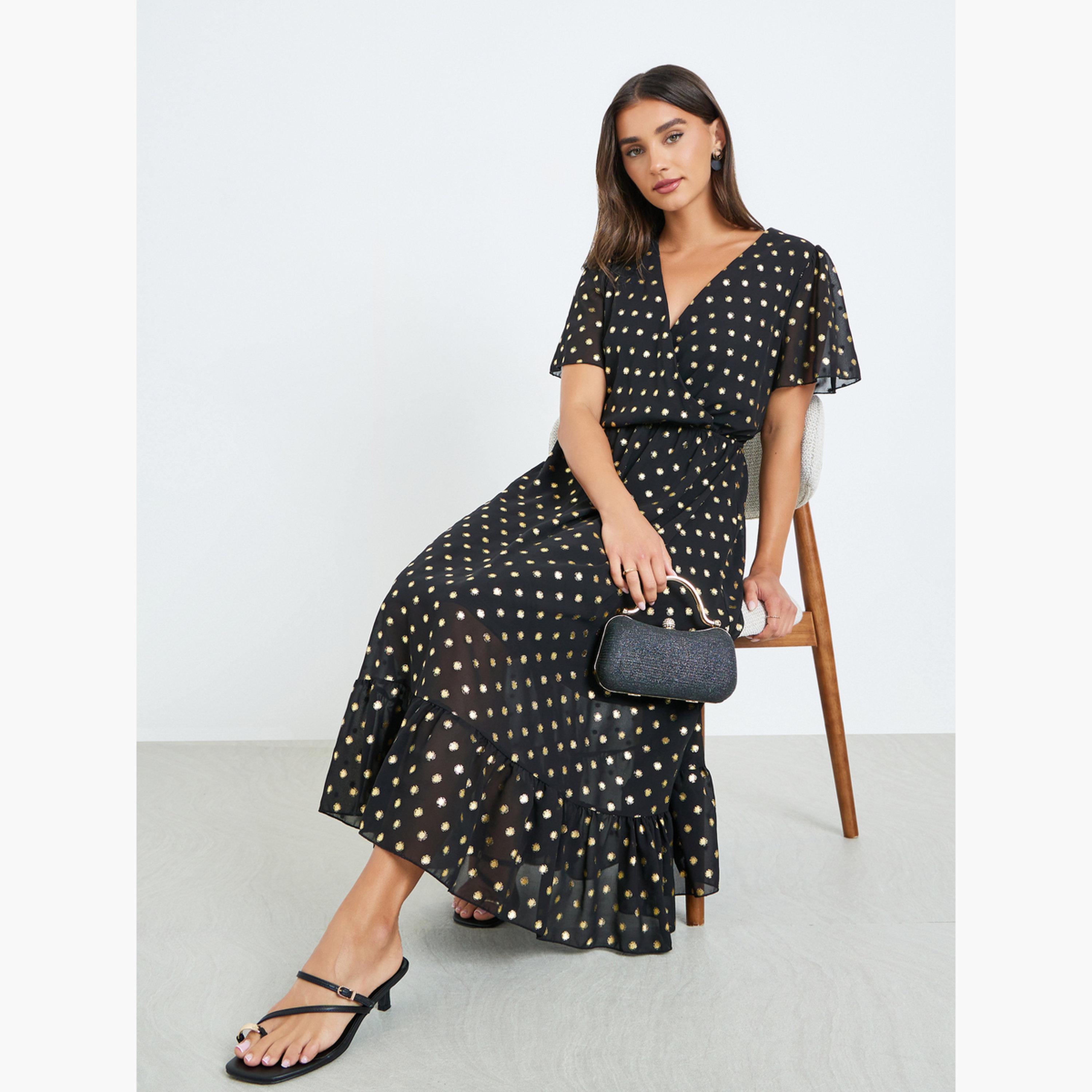 Styli Women Black Polka Dot Print A-Line Maxi Dress-women-clothing-dresses-image-3