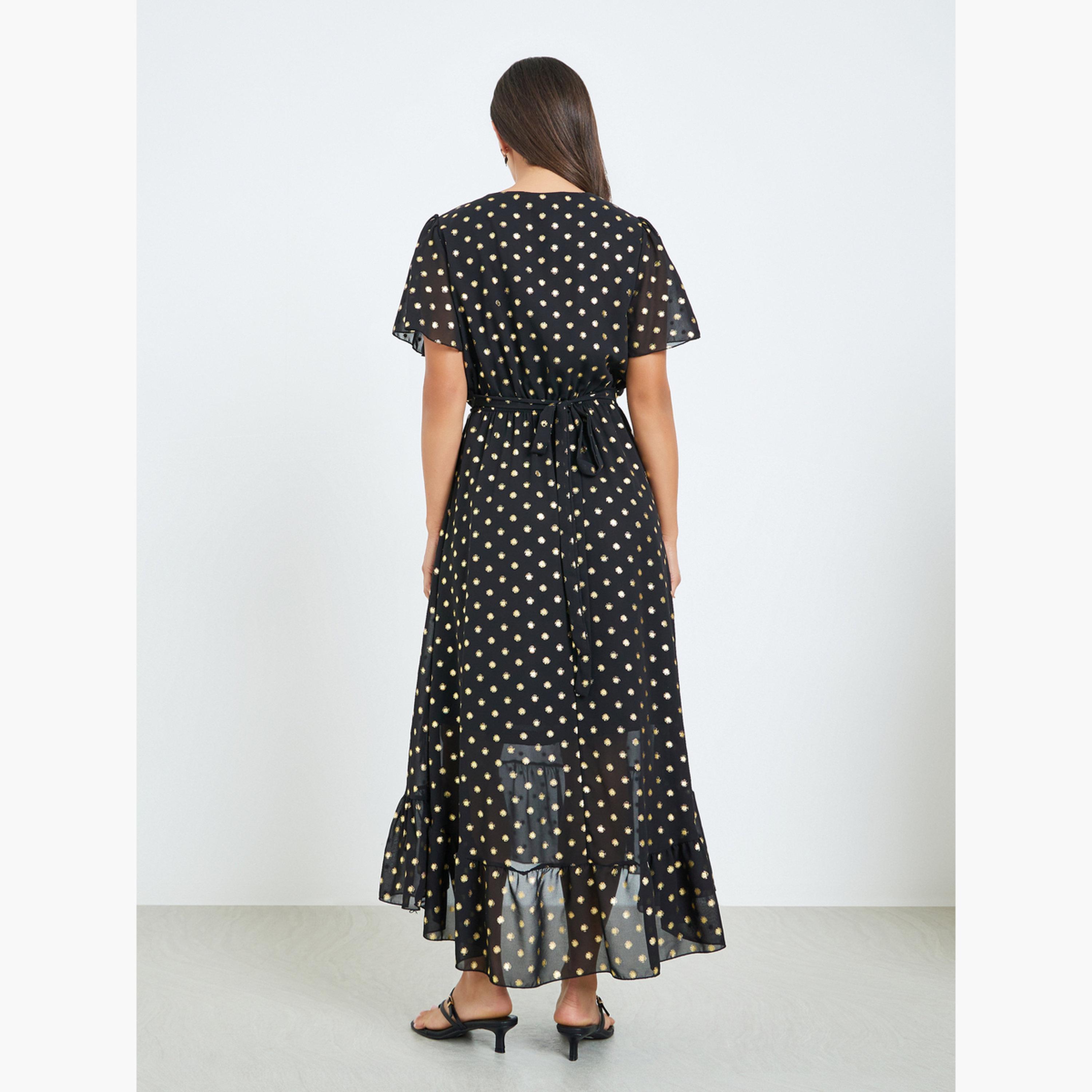 Styli Women Black Polka Dot Print A-Line Maxi Dress-women-clothing-dresses-image-4