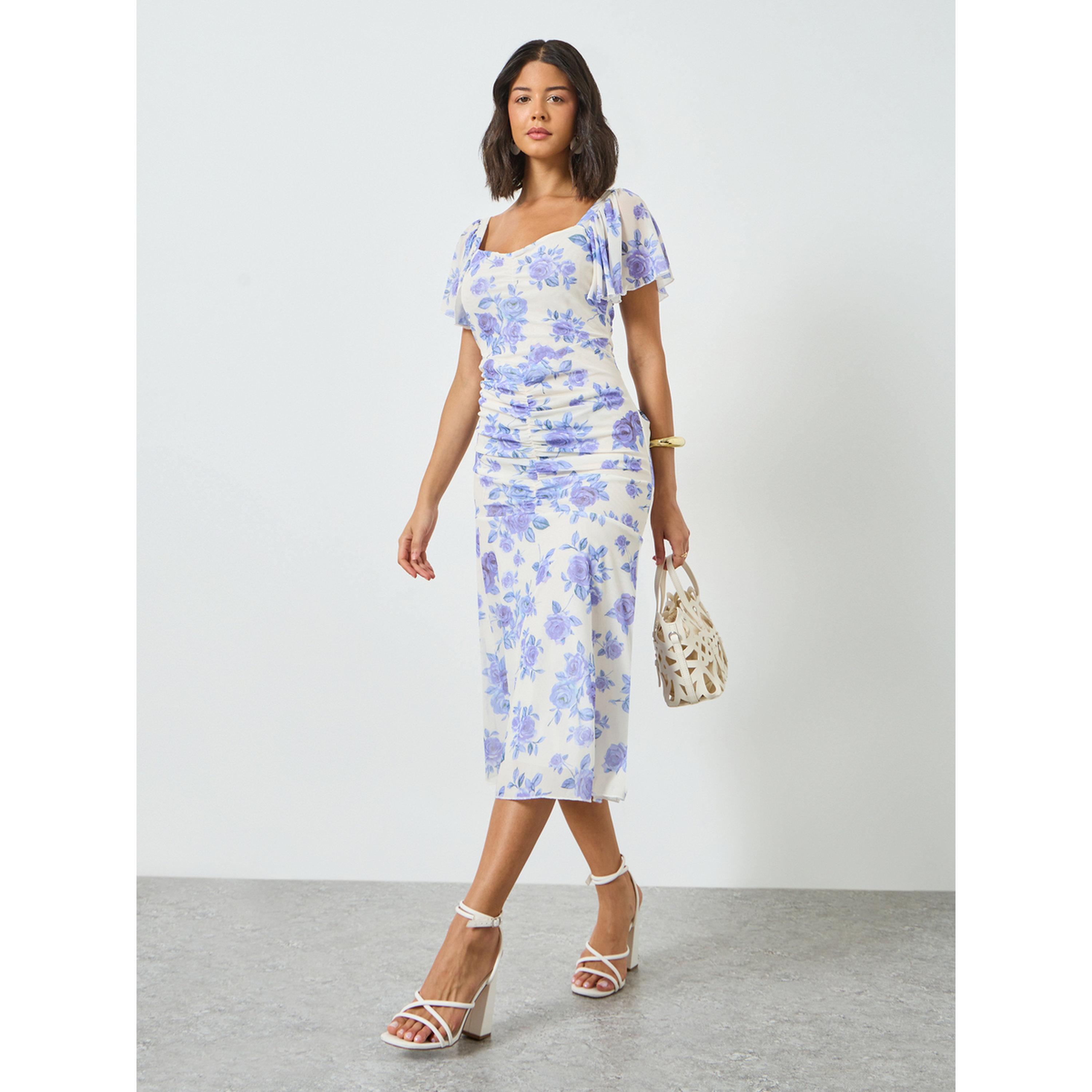 Styli Blue Floral Sheath Midi Dress with Frill Sleeve-women-clothing-dresses-image-1