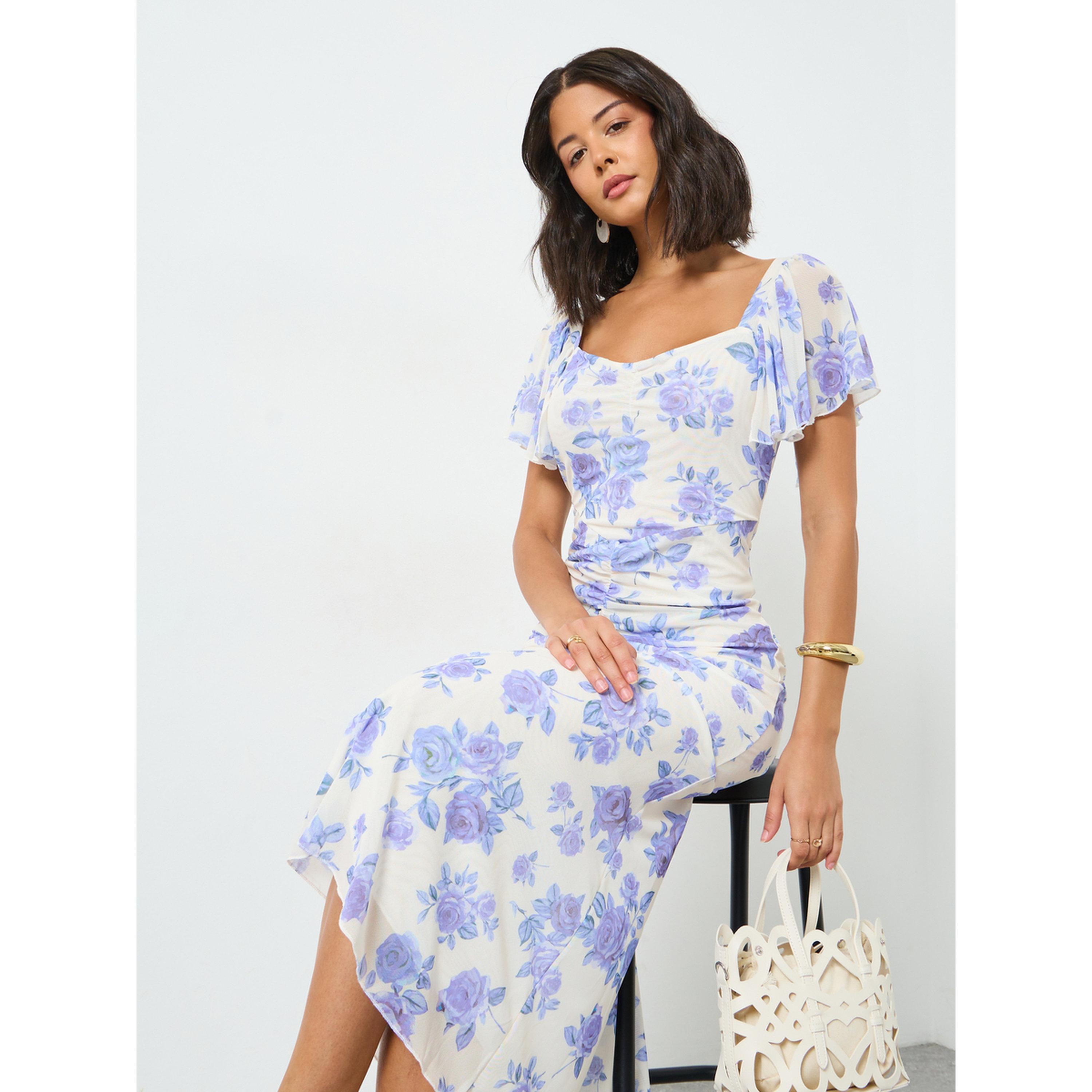 Styli Blue Floral Sheath Midi Dress with Frill Sleeve-women-clothing-dresses-image-2
