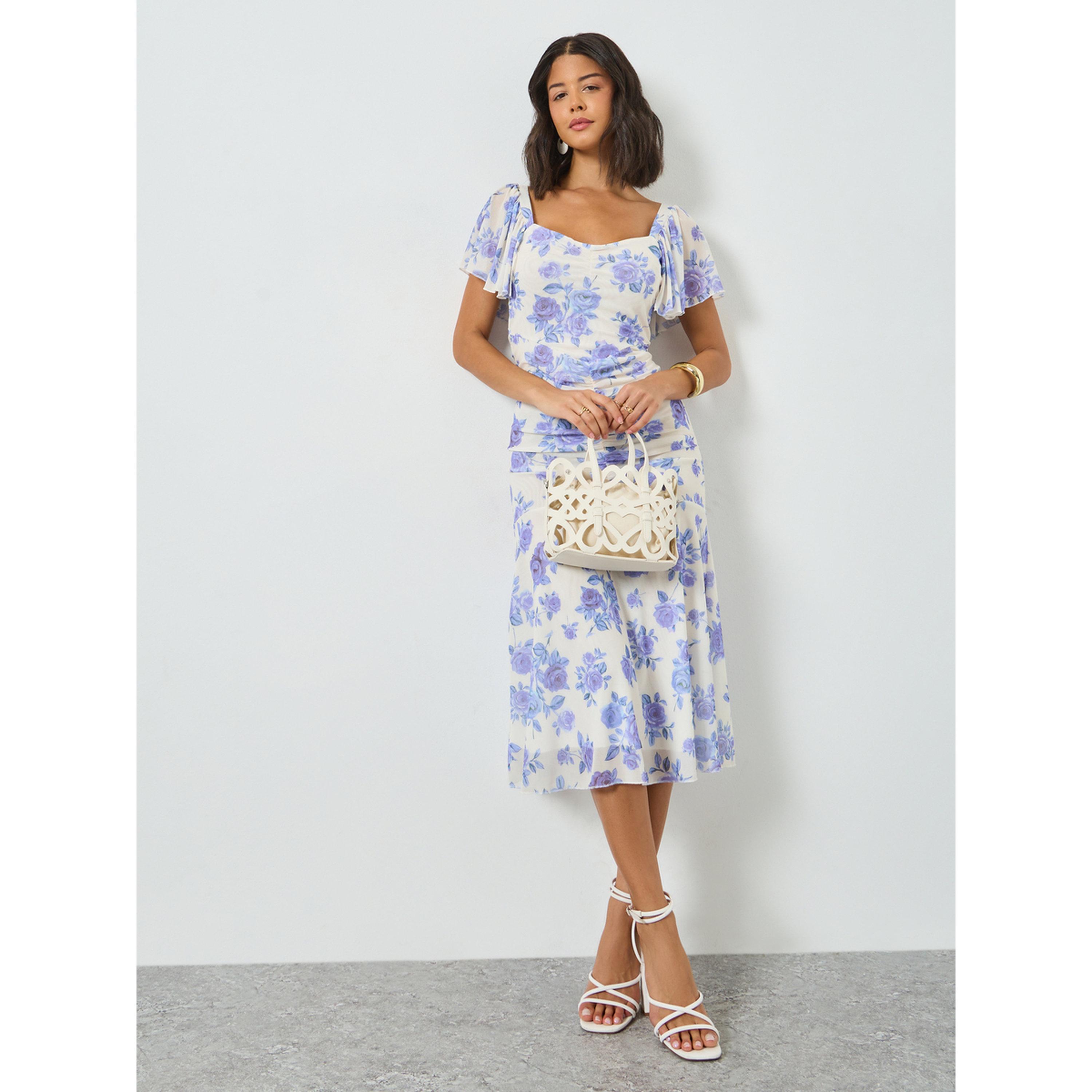 Styli Blue Floral Sheath Midi Dress with Frill Sleeve-women-clothing-dresses-image-3