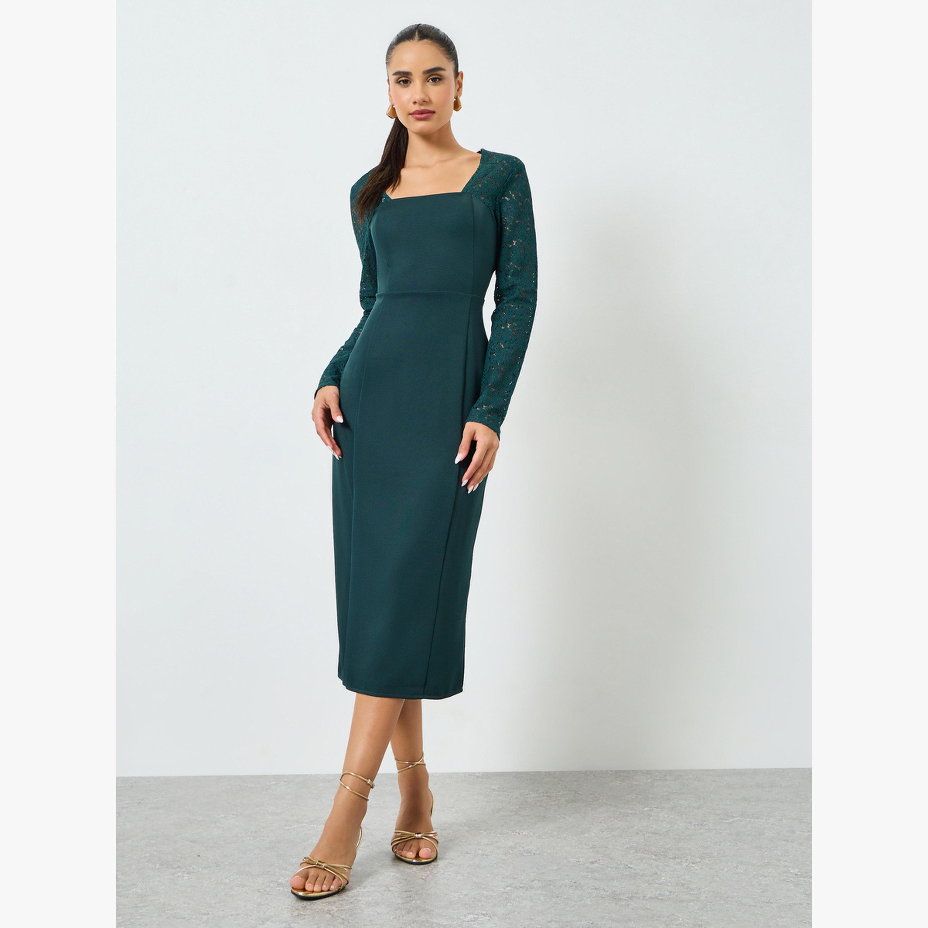 Styli Dark Green Lace Long Sleeves Sheath Midi Dress-women-clothing-dresses-image-1
