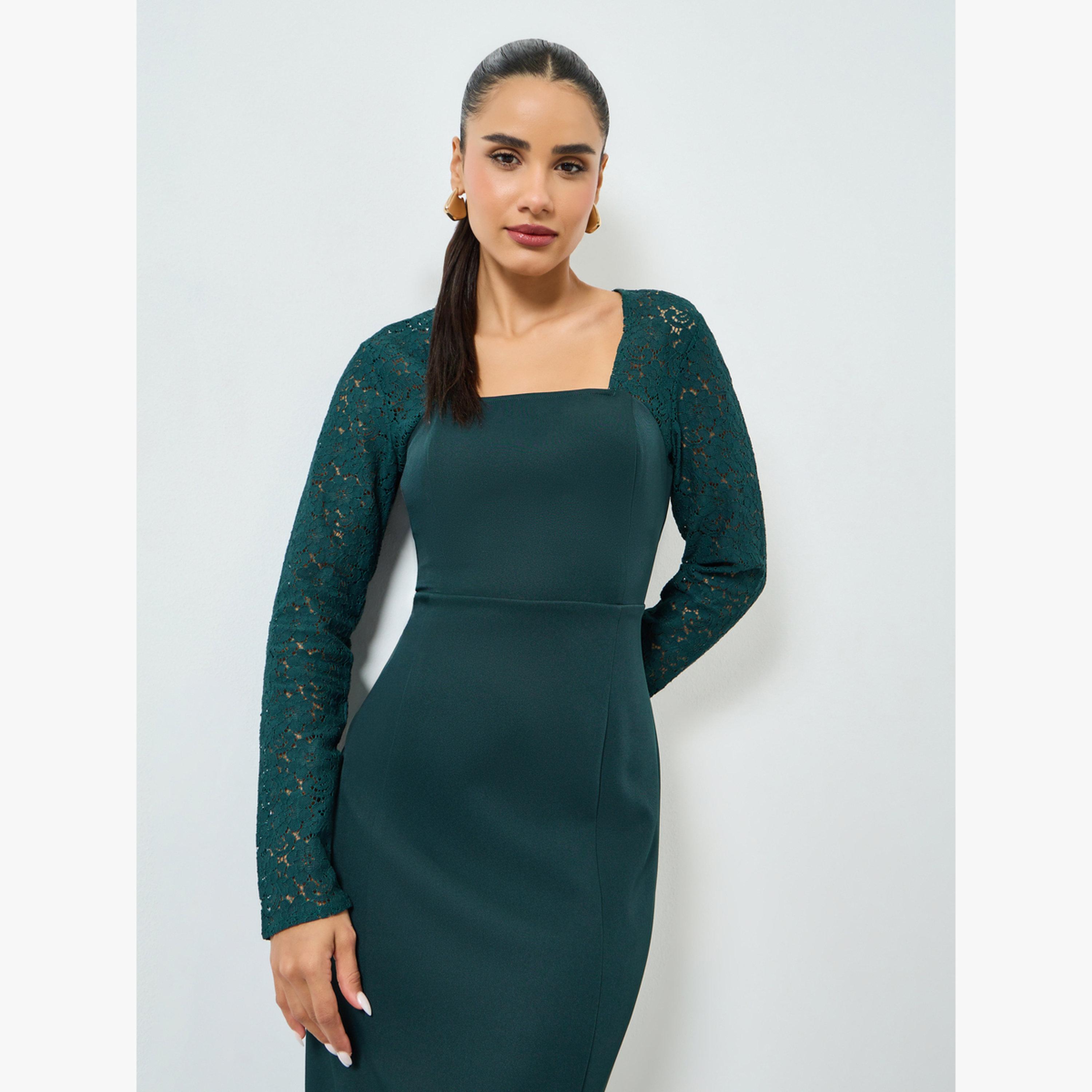 Styli Dark Green Lace Long Sleeves Sheath Midi Dress-women-clothing-dresses-image-2