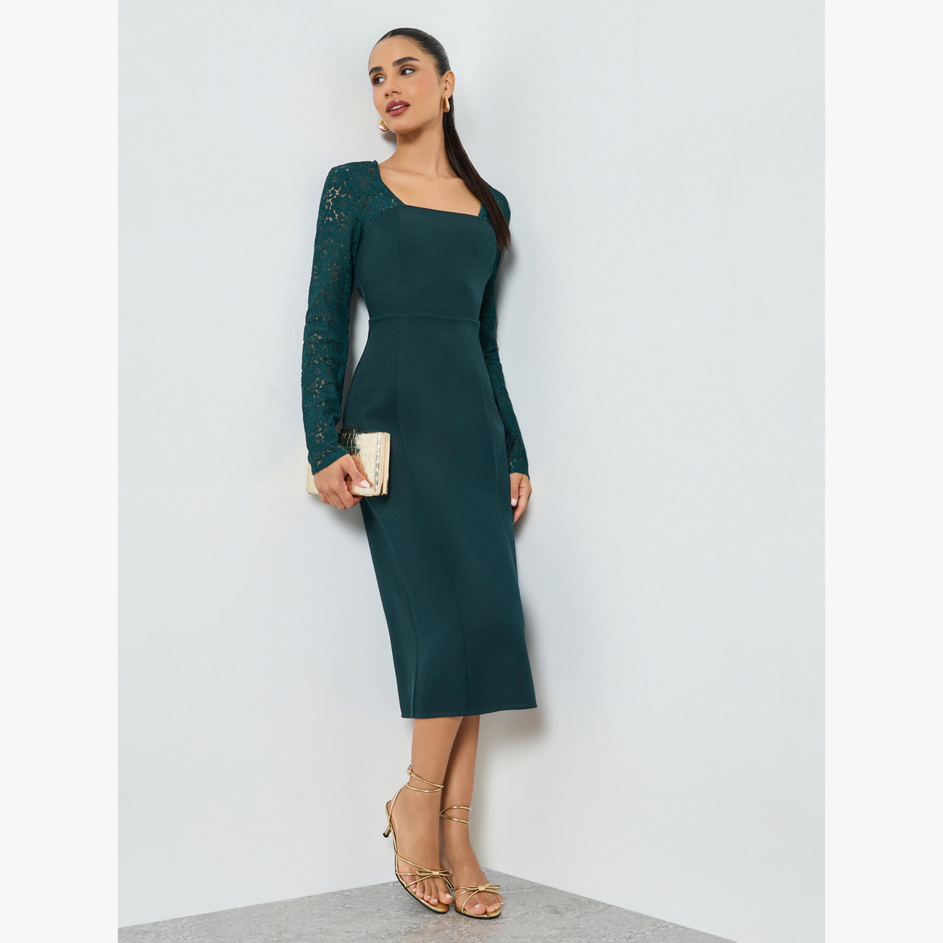 Styli Dark Green Lace Long Sleeves Sheath Midi Dress-women-clothing-dresses-image-3
