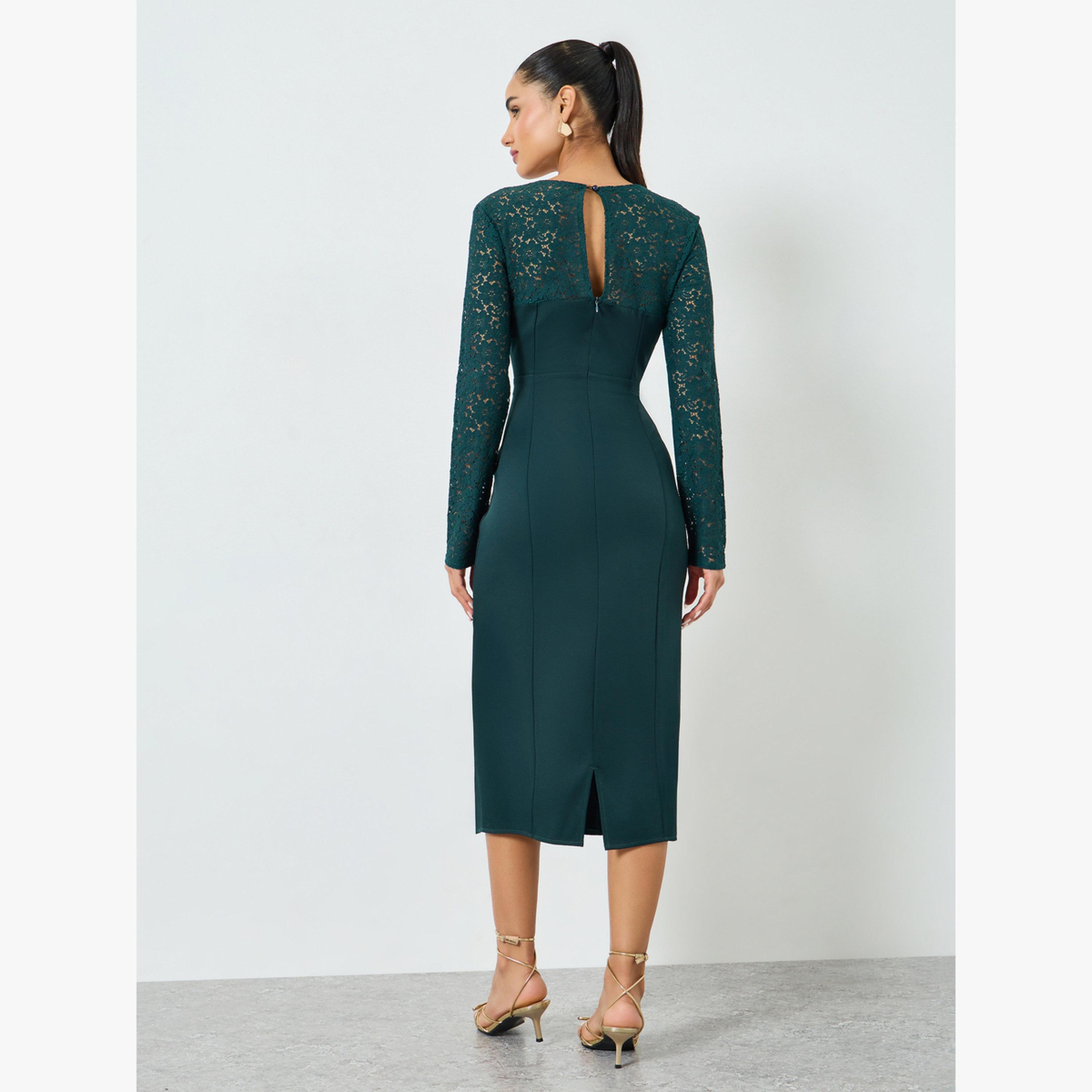 Styli Dark Green Lace Long Sleeves Sheath Midi Dress-women-clothing-dresses-image-4