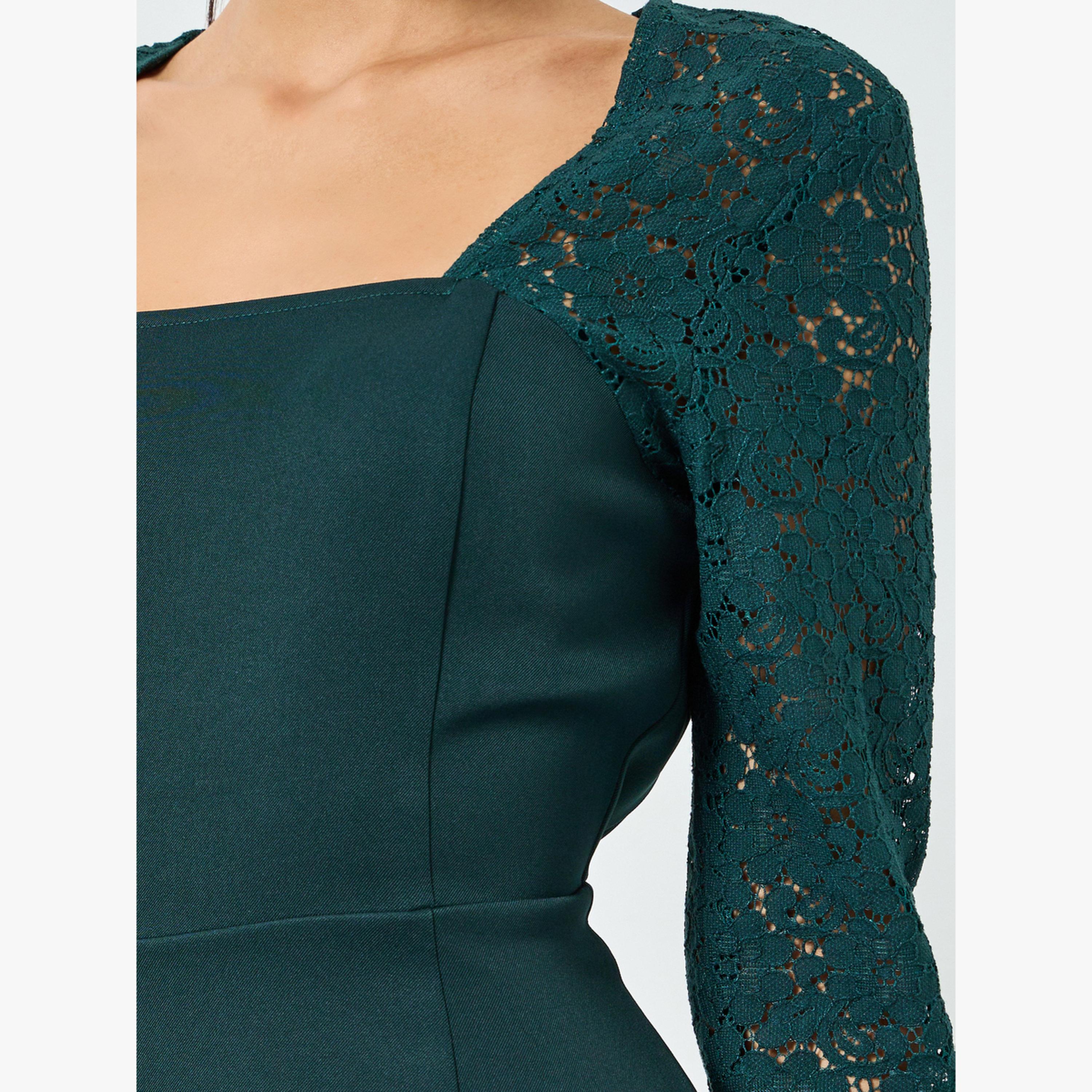 Styli Dark Green Lace Long Sleeves Sheath Midi Dress-women-clothing-dresses-image-5
