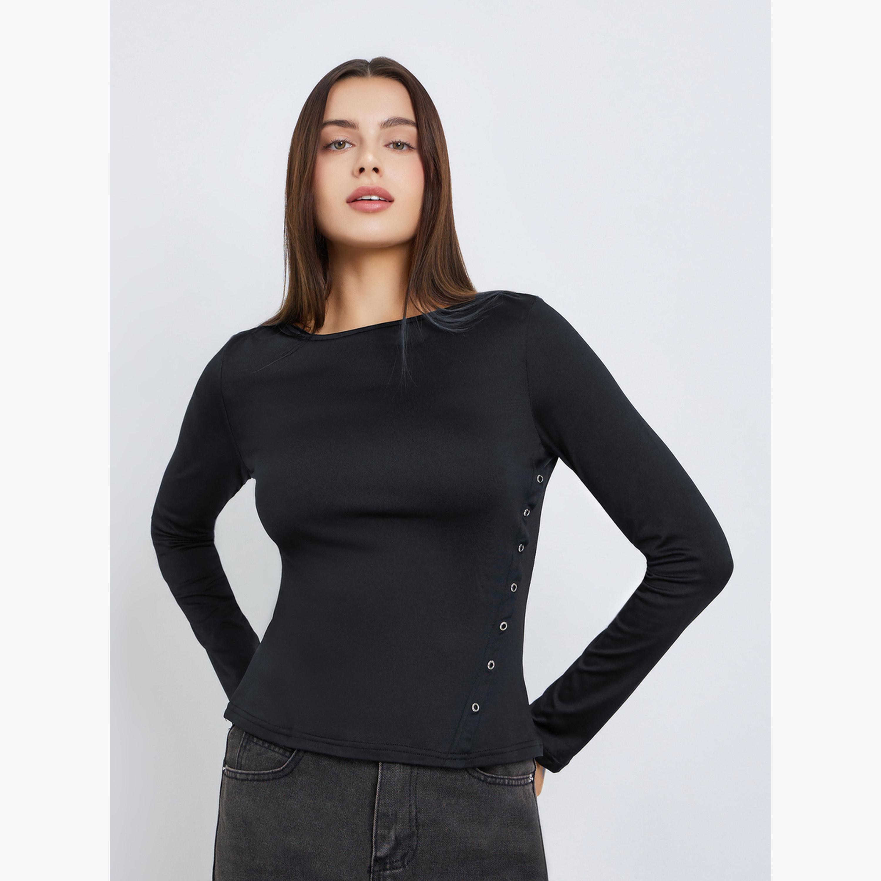 Styli Women Black Solid Color Eyelet Knit Top-women-clothing-tshirts-image-1