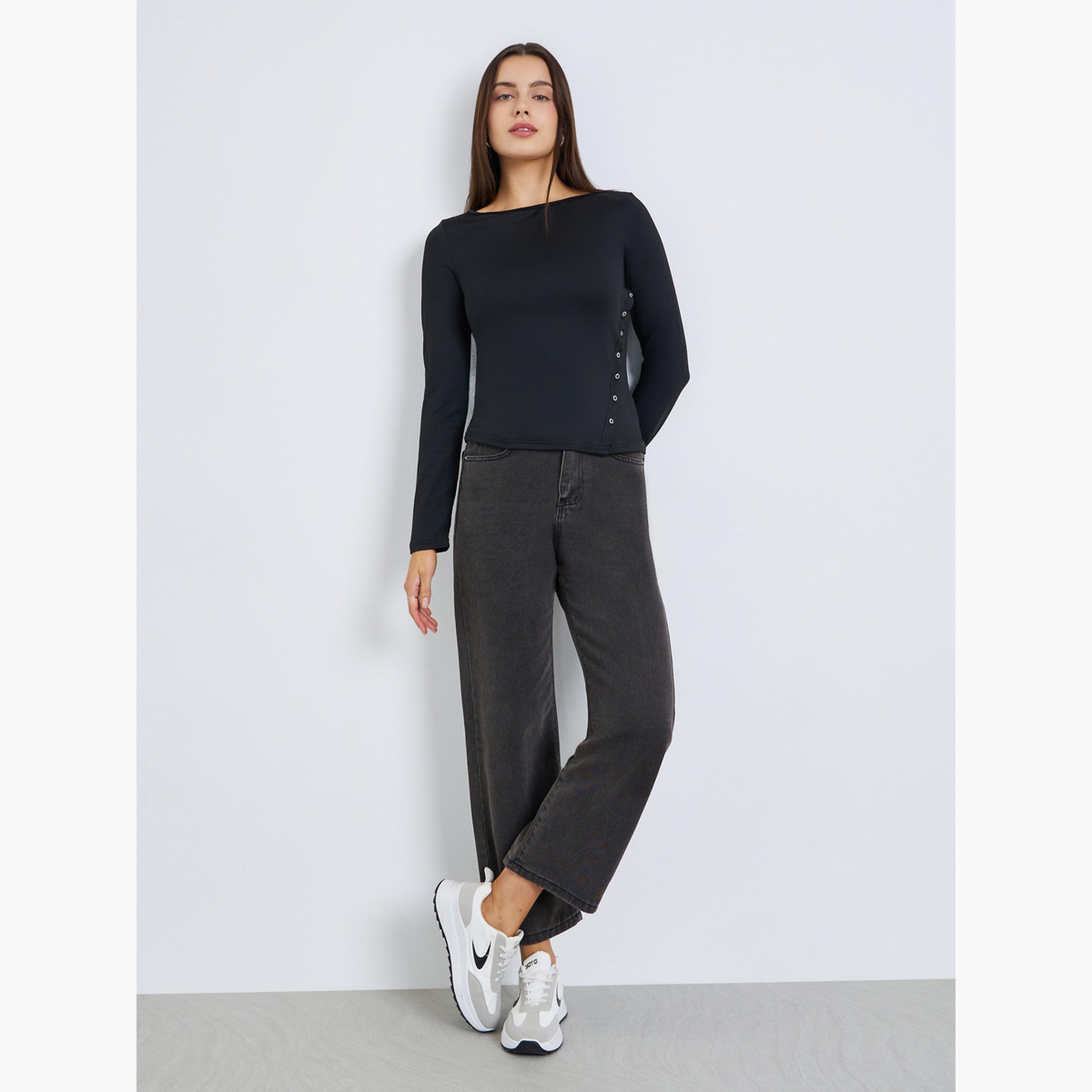 Styli Women Black Solid Color Eyelet Knit Top-women-clothing-tshirts-image-2