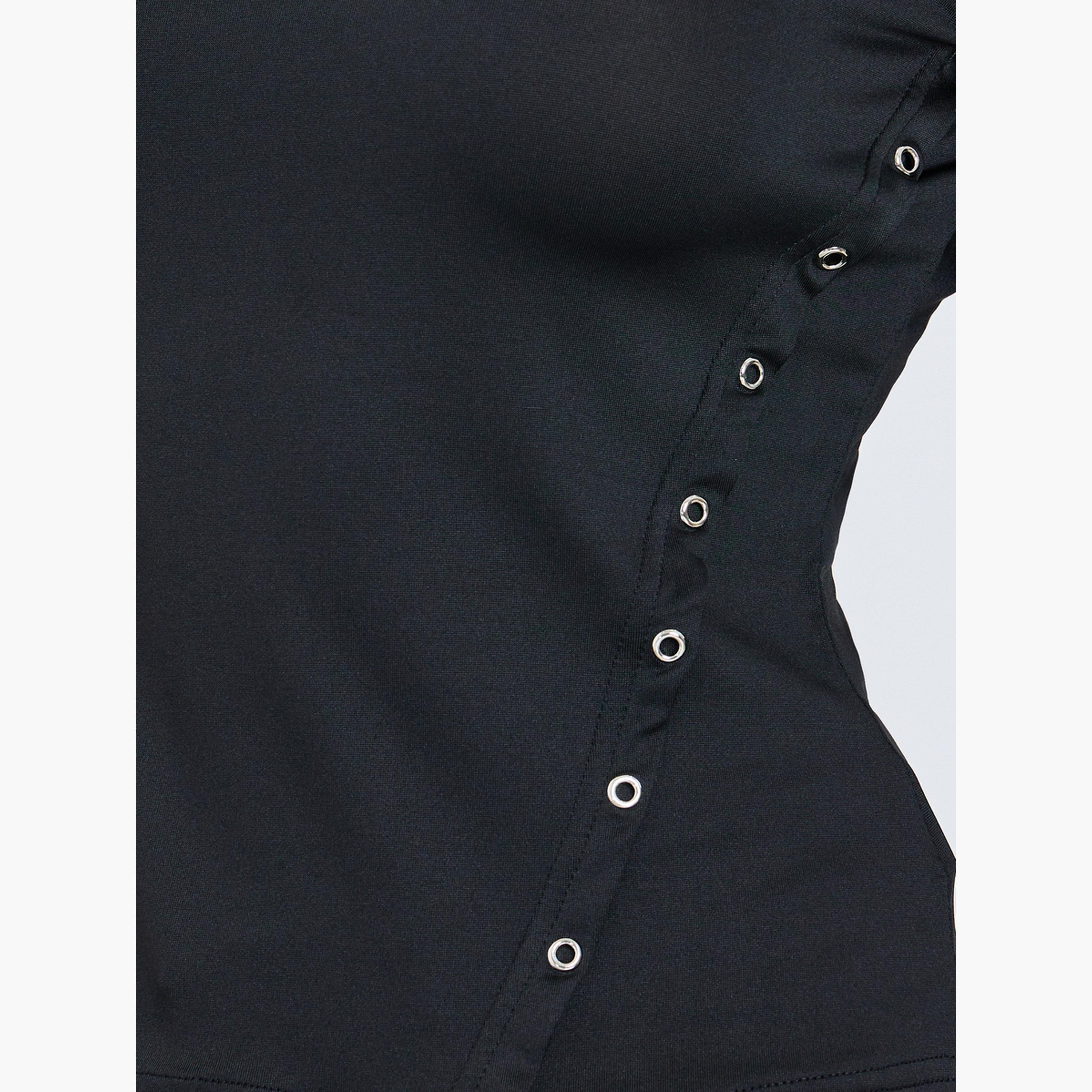 Styli Women Black Solid Color Eyelet Knit Top-women-clothing-tshirts-image-3