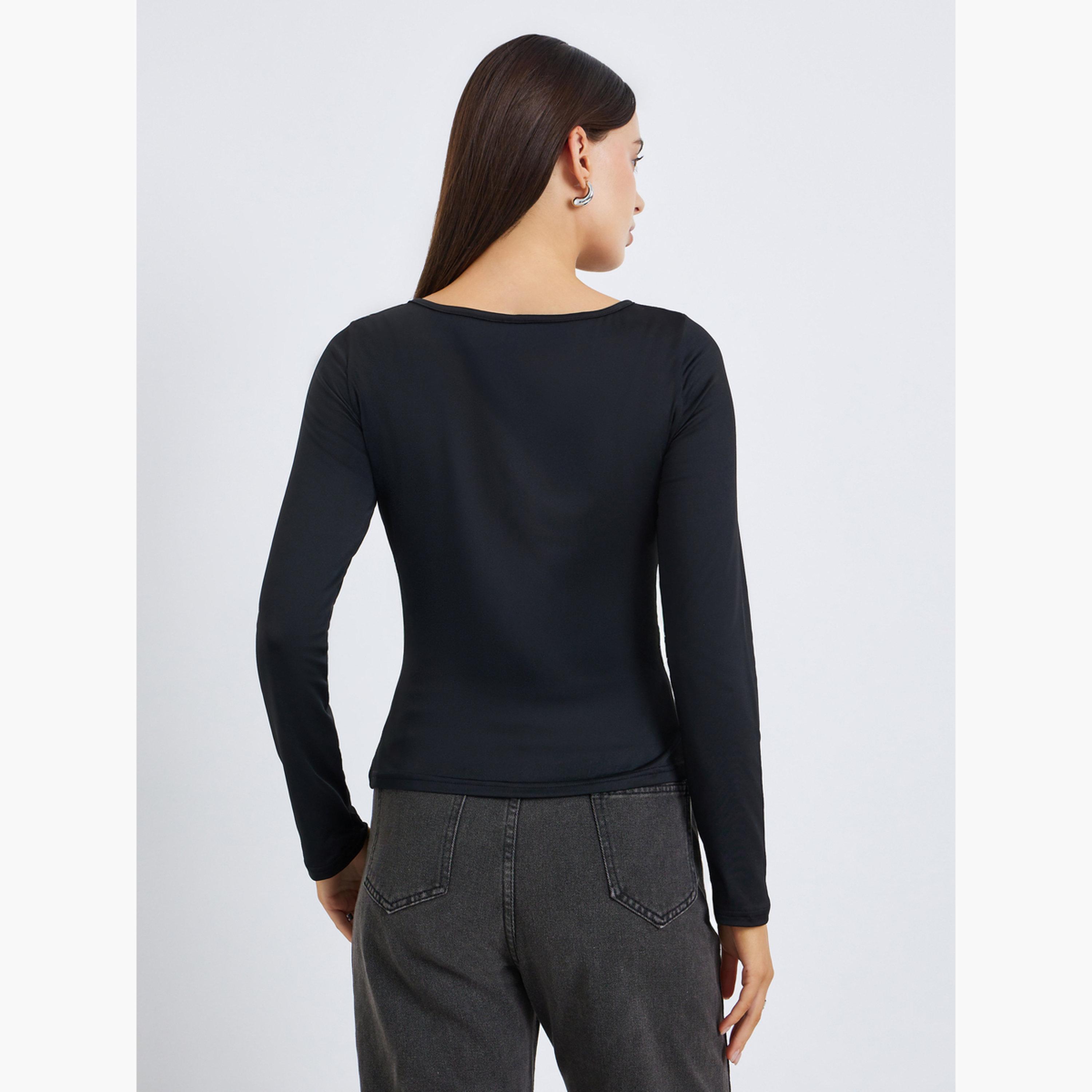 Styli Women Black Solid Color Eyelet Knit Top-women-clothing-tshirts-image-4