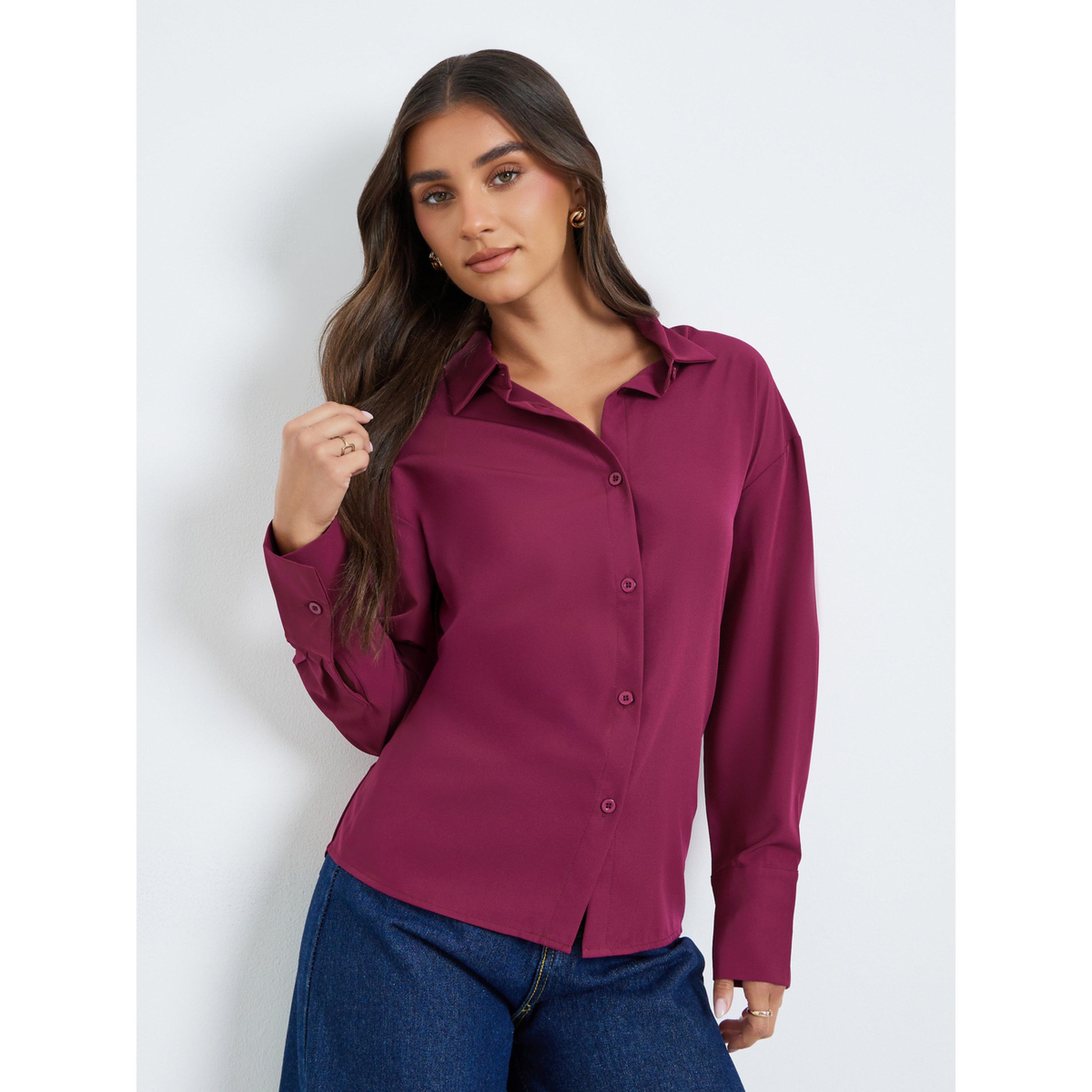 Styli Women Burgundy Button-Down Shirt-women-clothing-shirtsandblouses-shirts-image-1