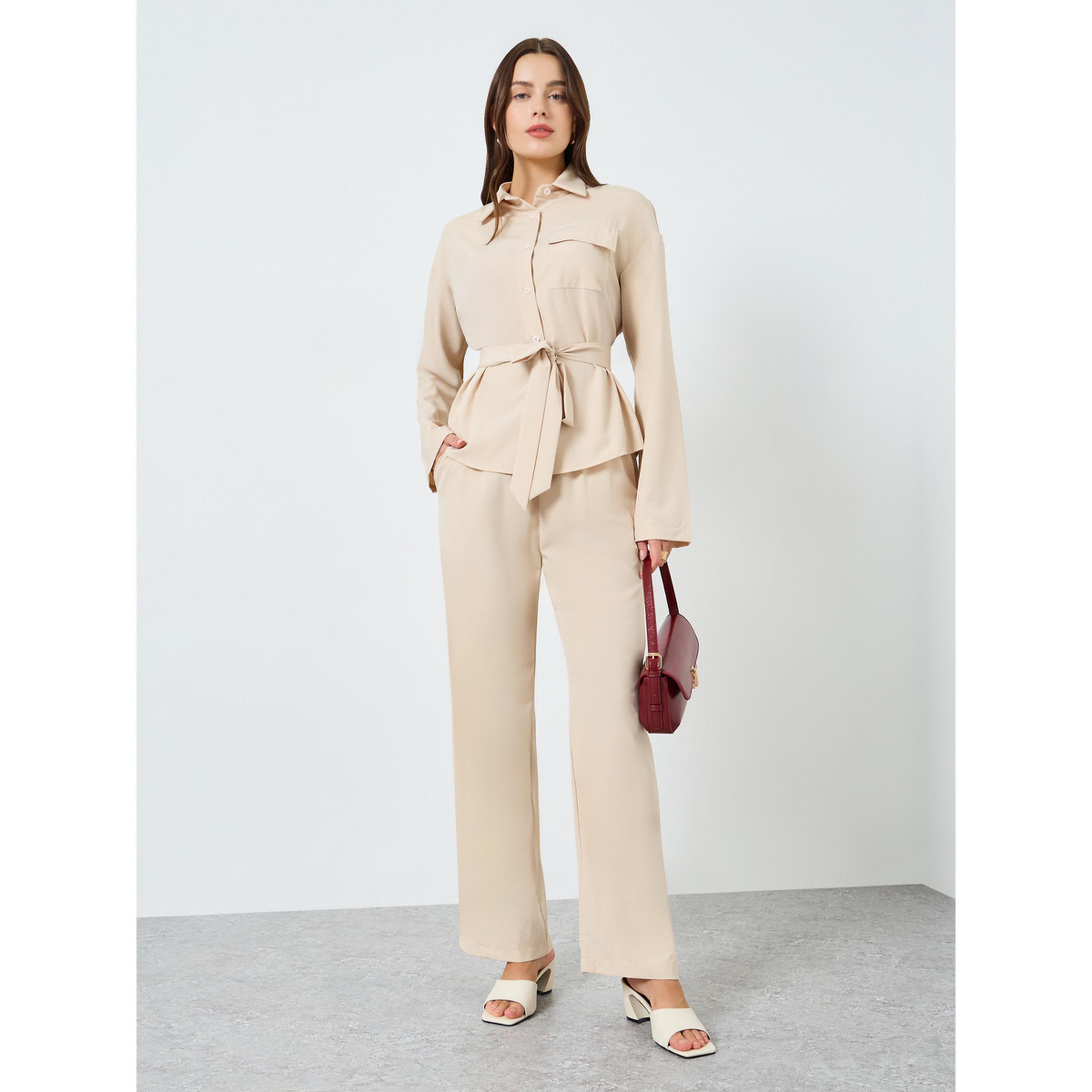 Styli Women Beige Belted Top and Wide Leg Trousers Co-Ords-women-clothing-coordsets-image-1