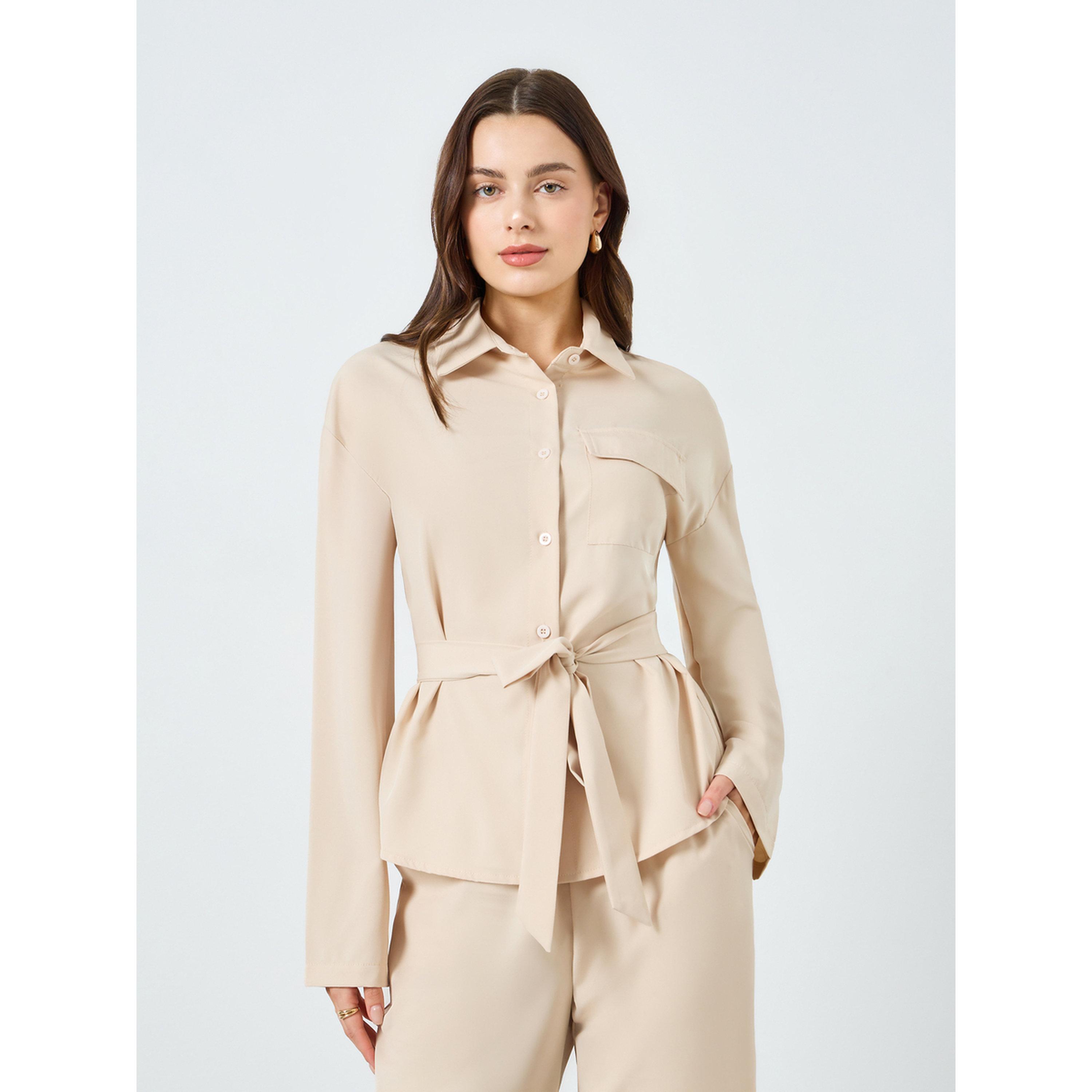 Styli Women Beige Belted Top and Wide Leg Trousers Co-Ords-women-clothing-coordsets-image-2