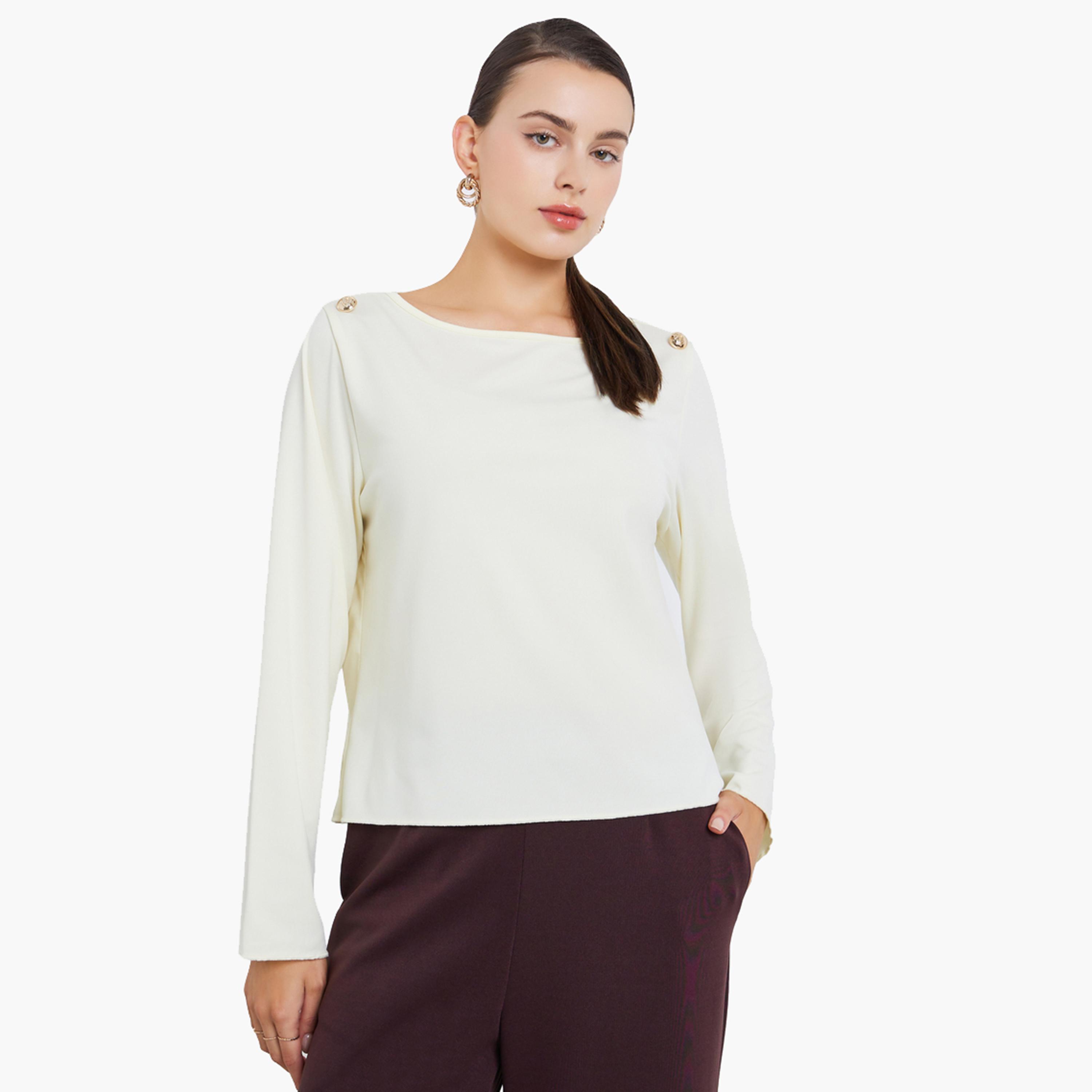 Styli Women Cream Long Sleeve Top with Shoulder Button-women-clothing-shirtsandblouses-blouses-image-1