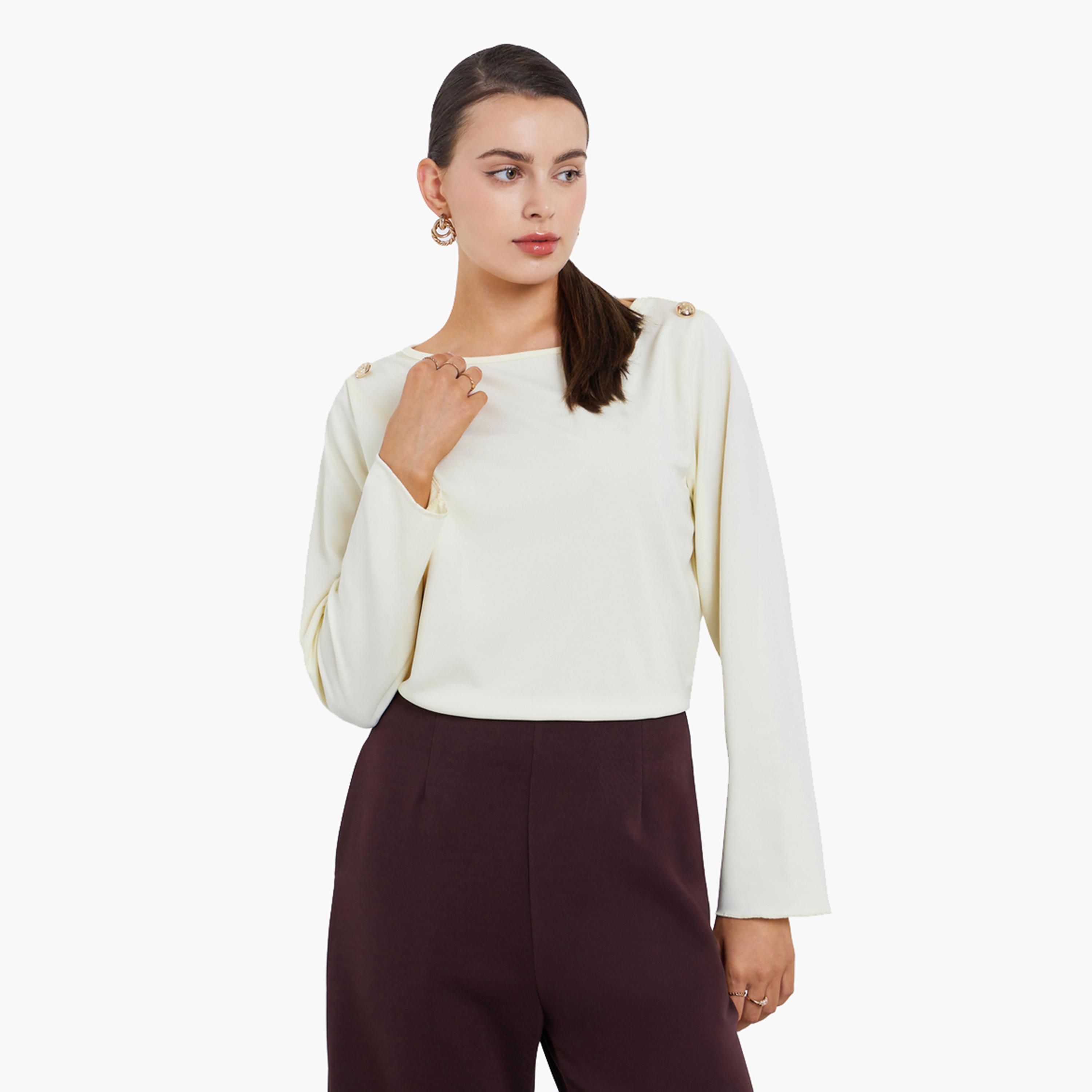 Styli Women Cream Long Sleeve Top with Shoulder Button-women-clothing-shirtsandblouses-blouses-image-4
