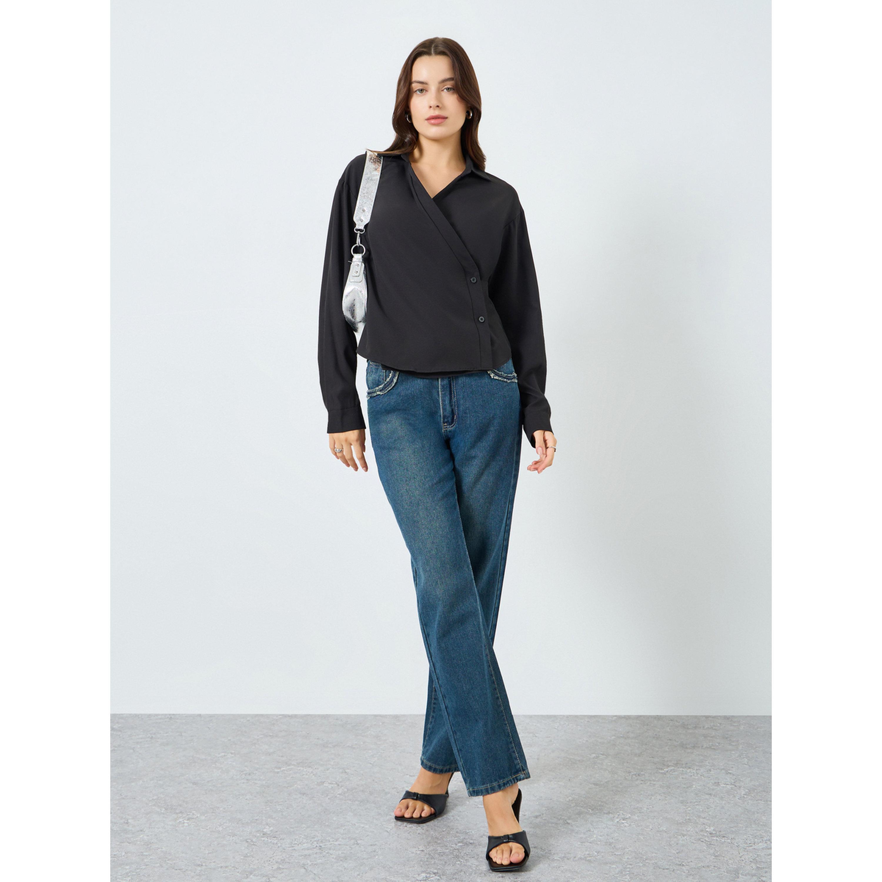 Styli Women Black Asymmetrical Buttons Long Sleeve Shirt-women-clothing-shirtsandblouses-blouses-image-2