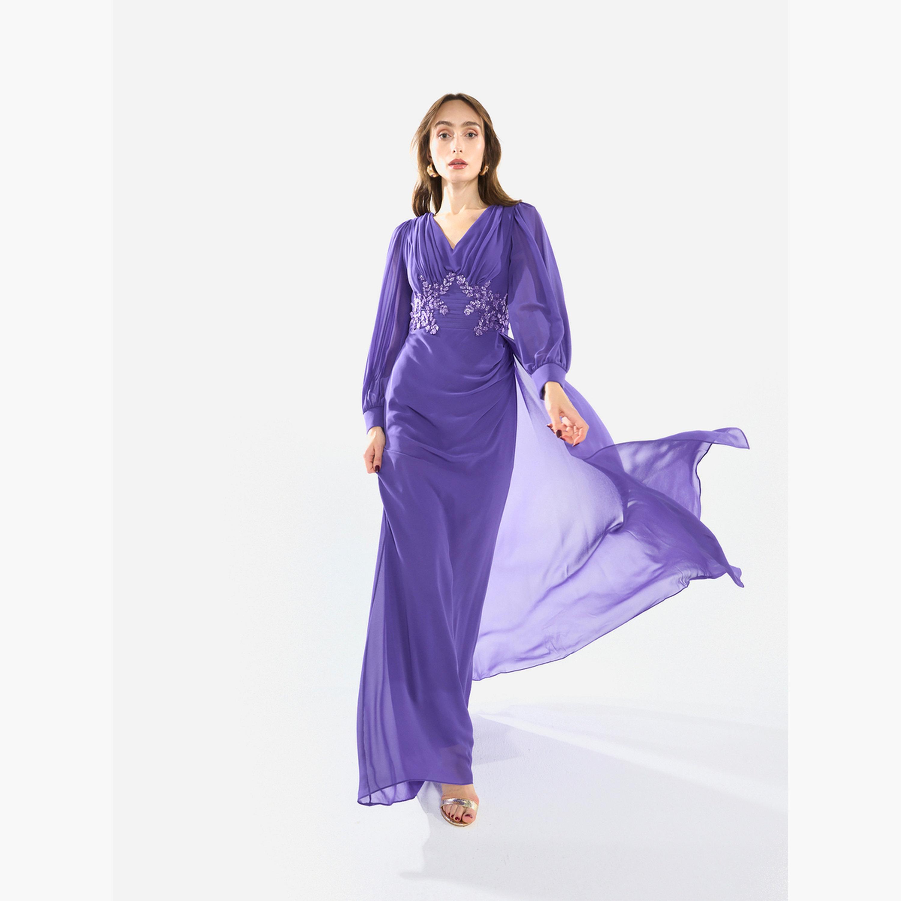 فستان طويل مزين بأكمام كيب منسدلة-women-clothing-dresses-image-1