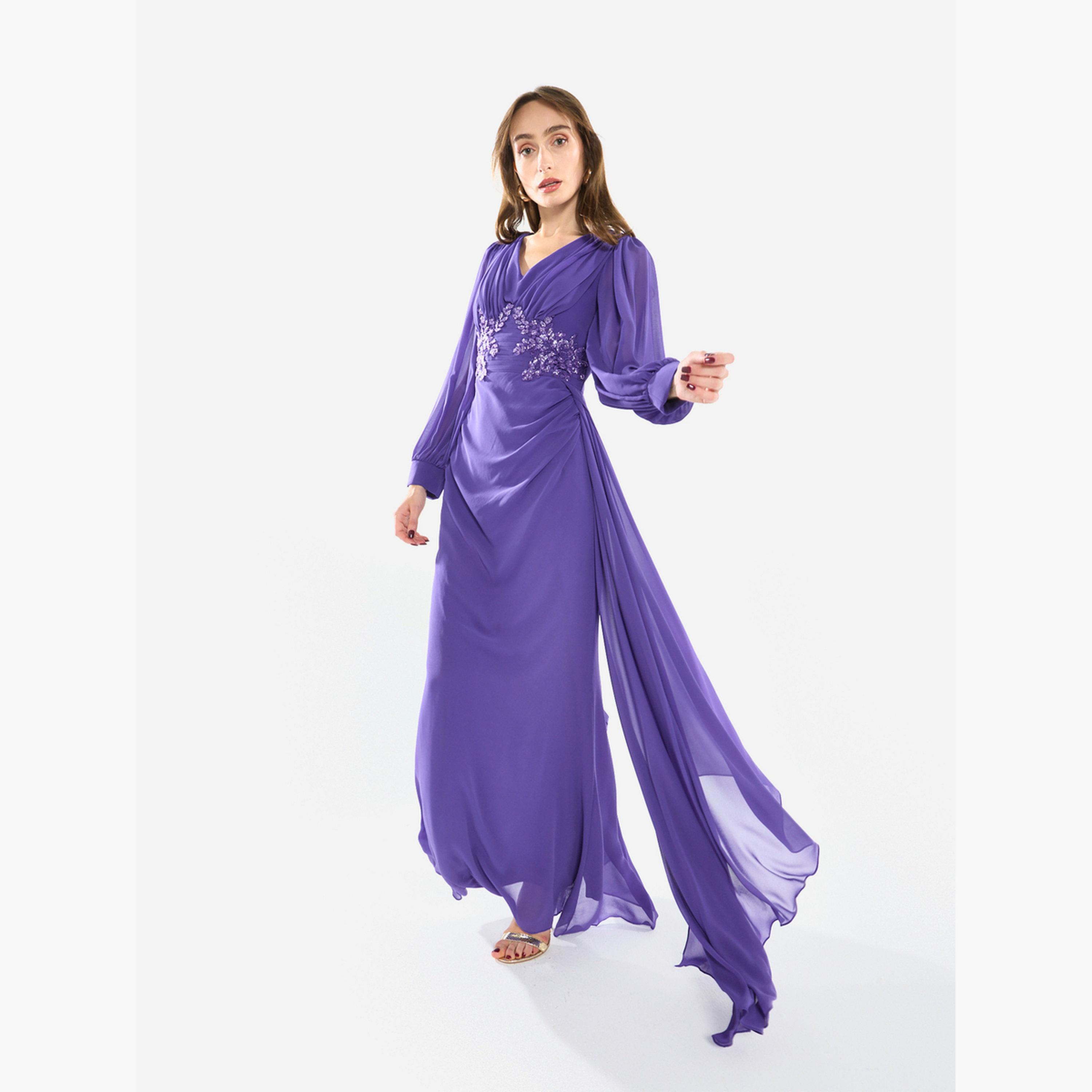 فستان طويل مزين بأكمام كيب منسدلة-women-clothing-dresses-image-3