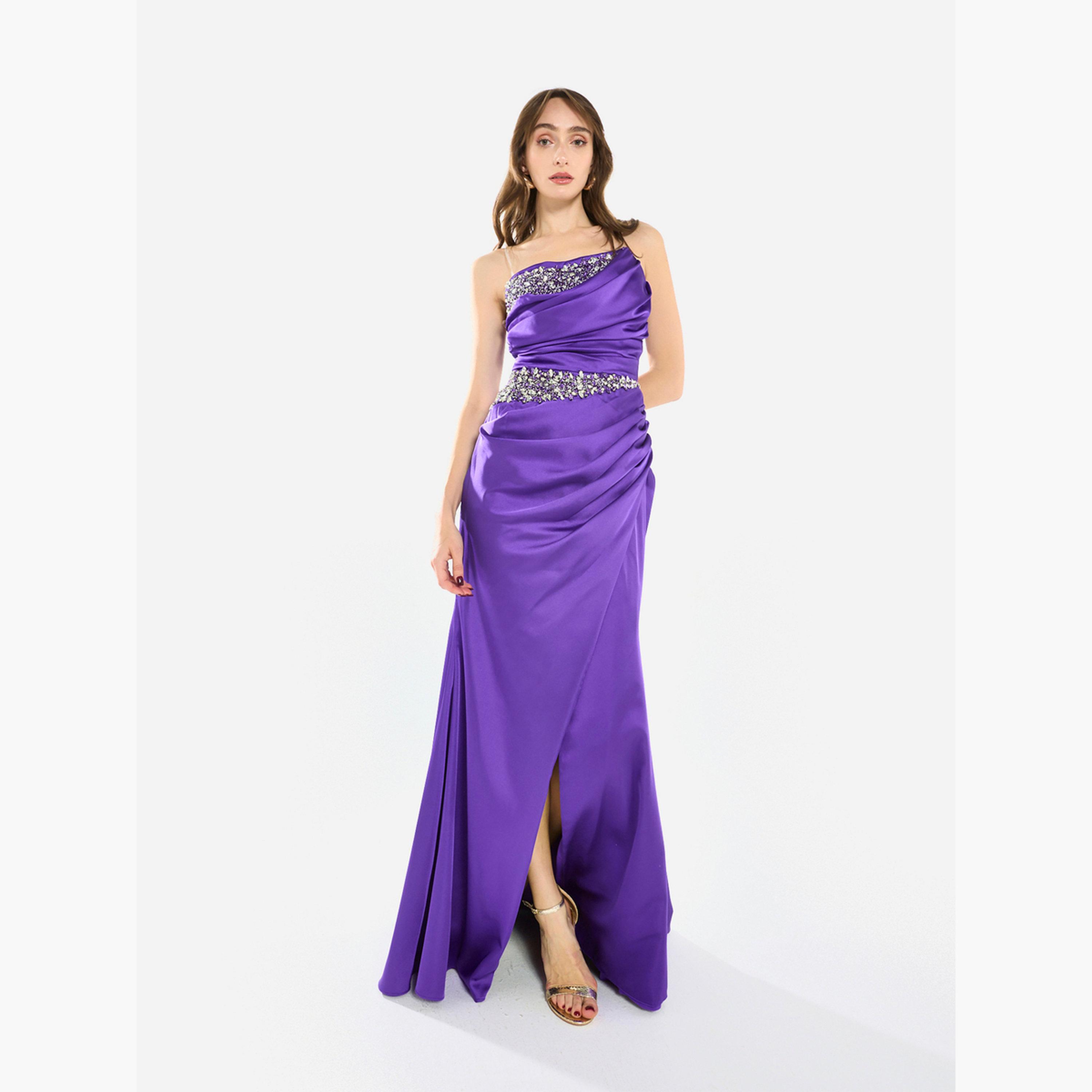 فستان سهرة طويل ساتان درابيه بفتحة ومزين-women-clothing-dresses-image-1