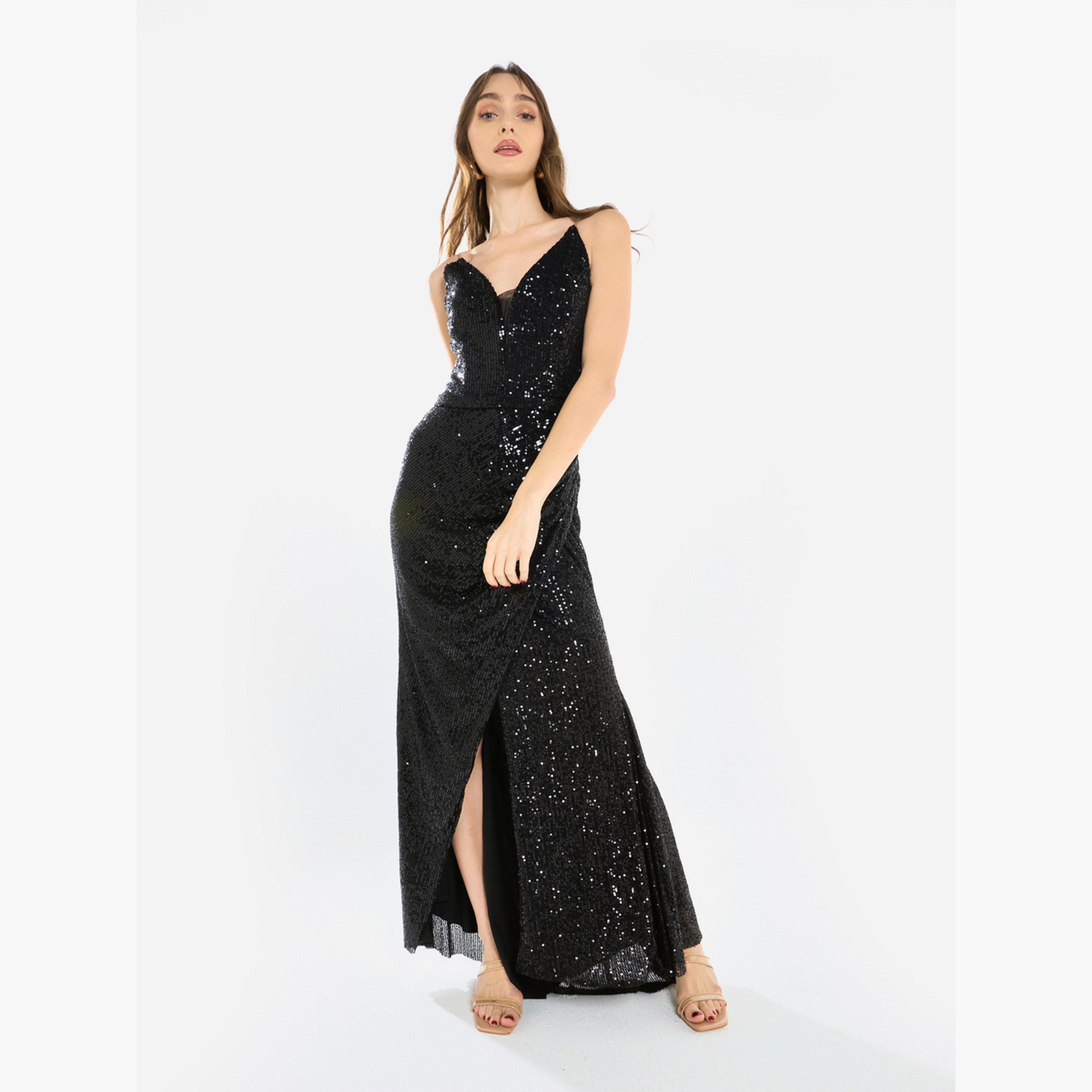 House of Moda Women Sequin Strappy Drape Maxi Dress-women-clothing-dresses-image-2