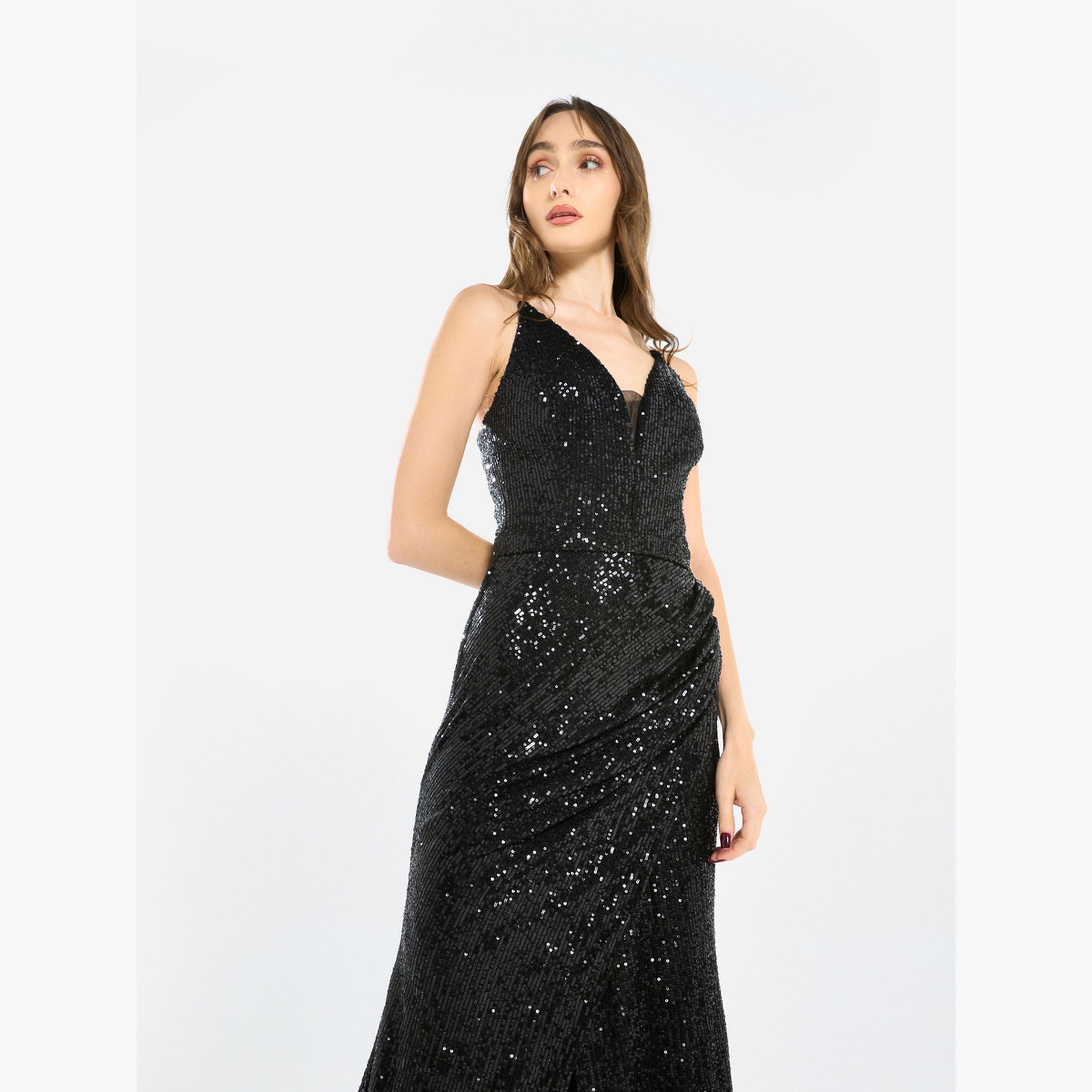 فستان طويل درابيه بحمالات ومزين بالترتر-women-clothing-dresses-image-3