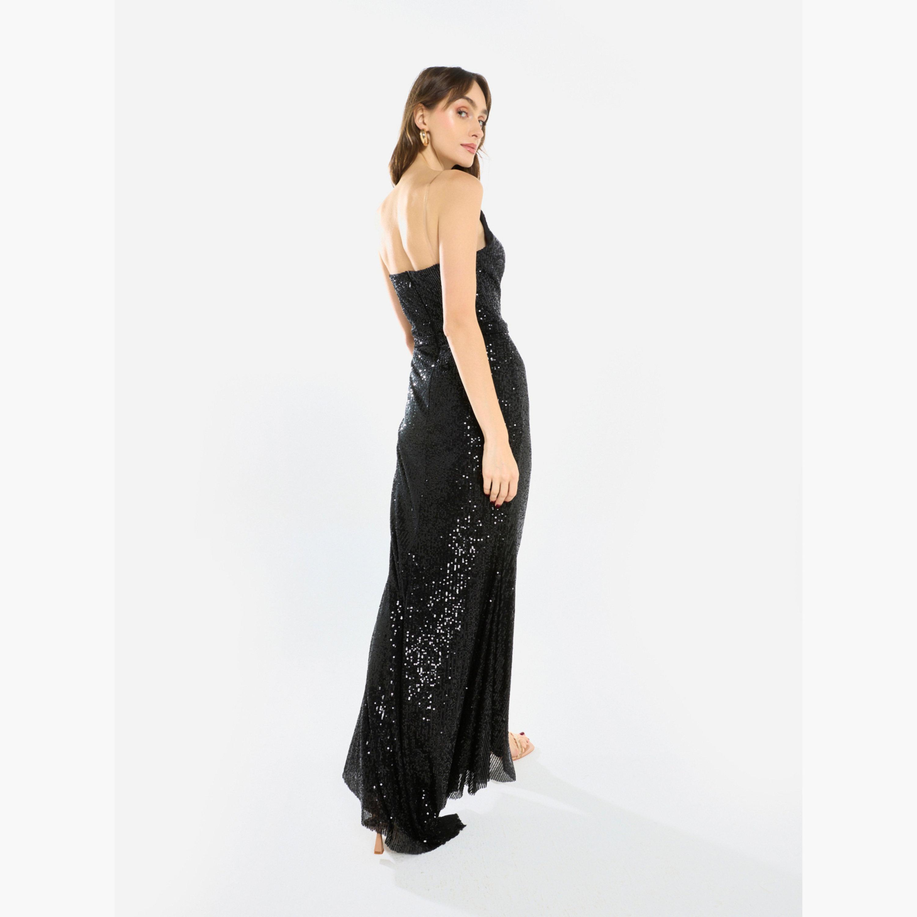 فستان طويل درابيه بحمالات ومزين بالترتر-women-clothing-dresses-image-4