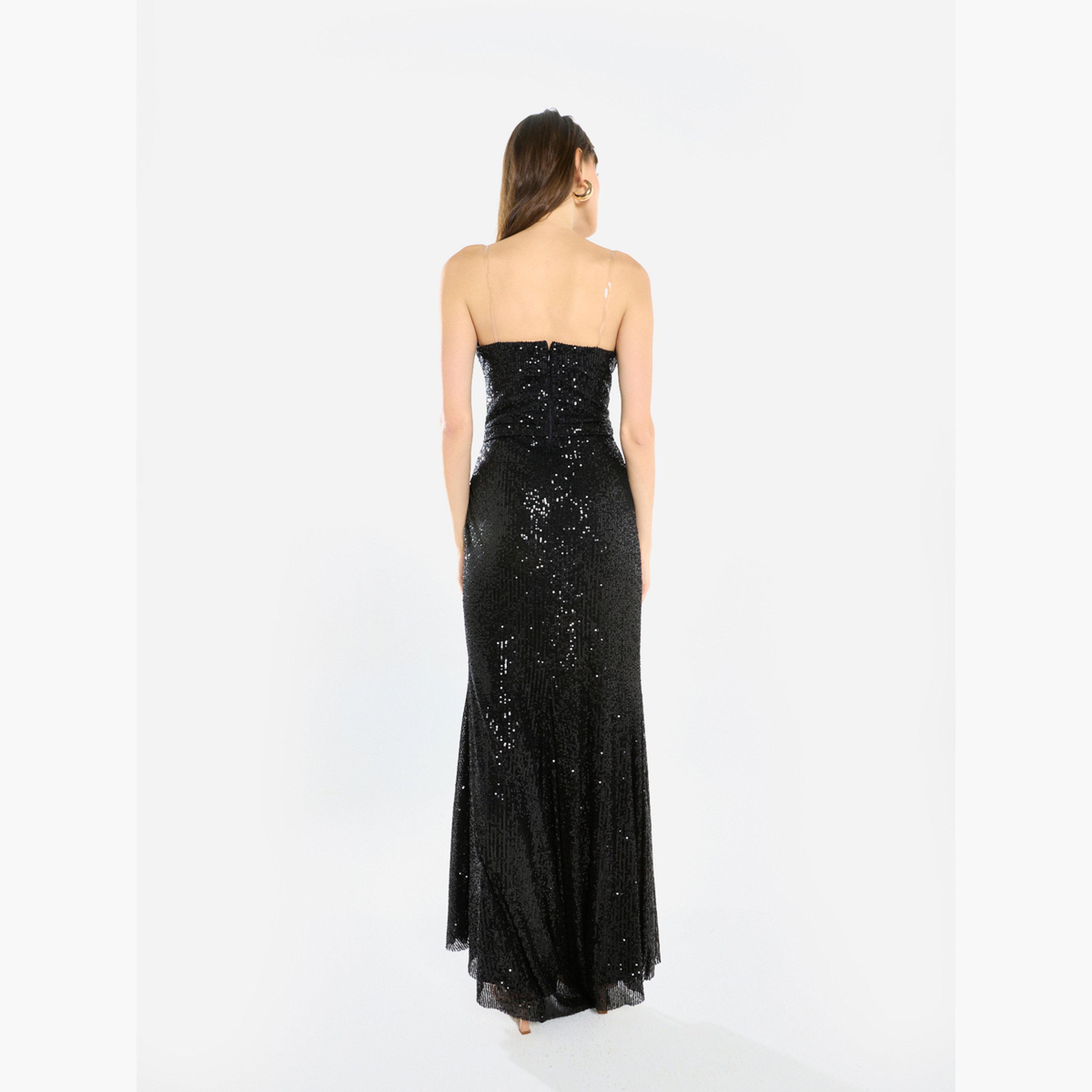 فستان طويل درابيه بحمالات ومزين بالترتر-women-clothing-dresses-image-5