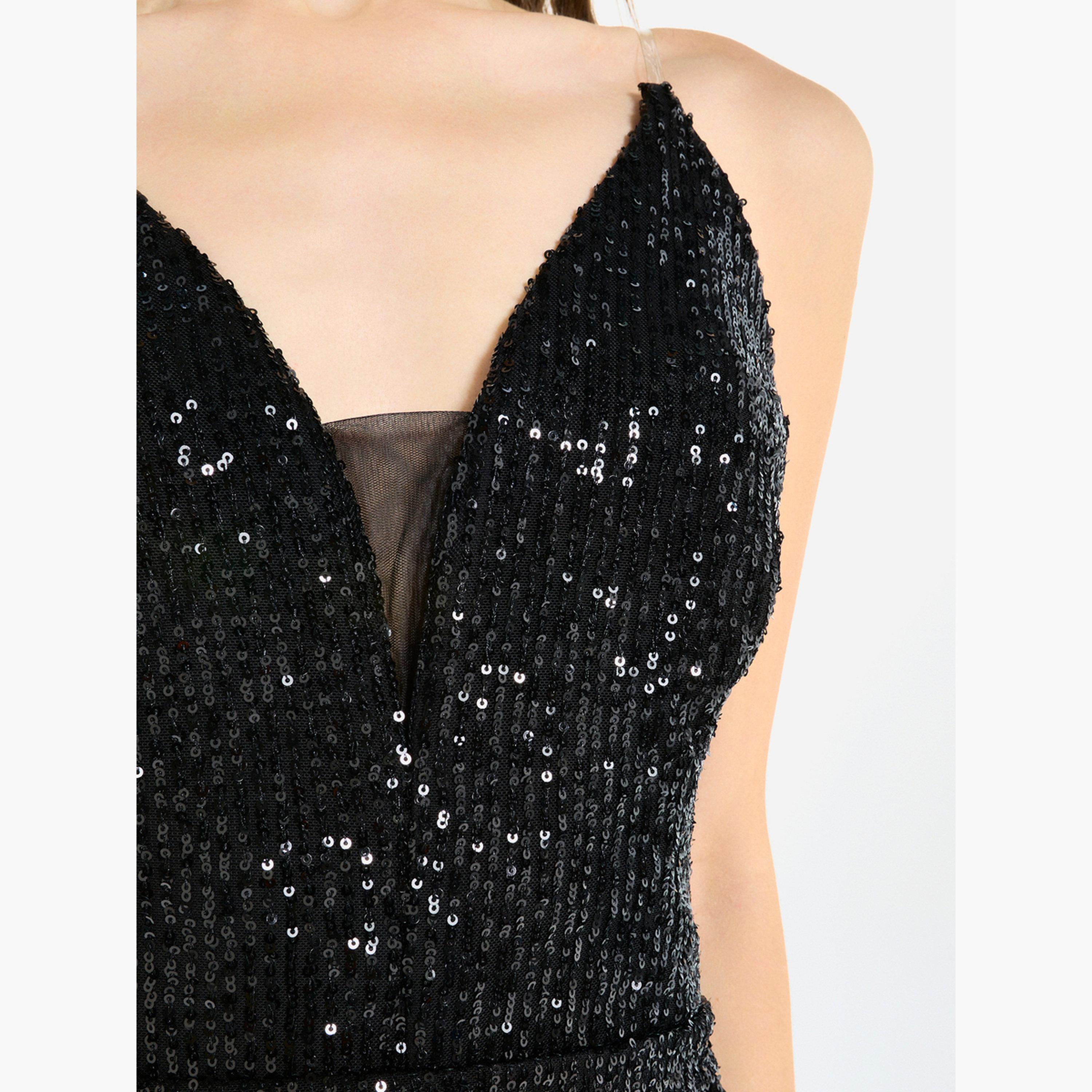 فستان طويل درابيه بحمالات ومزين بالترتر-women-clothing-dresses-image-6