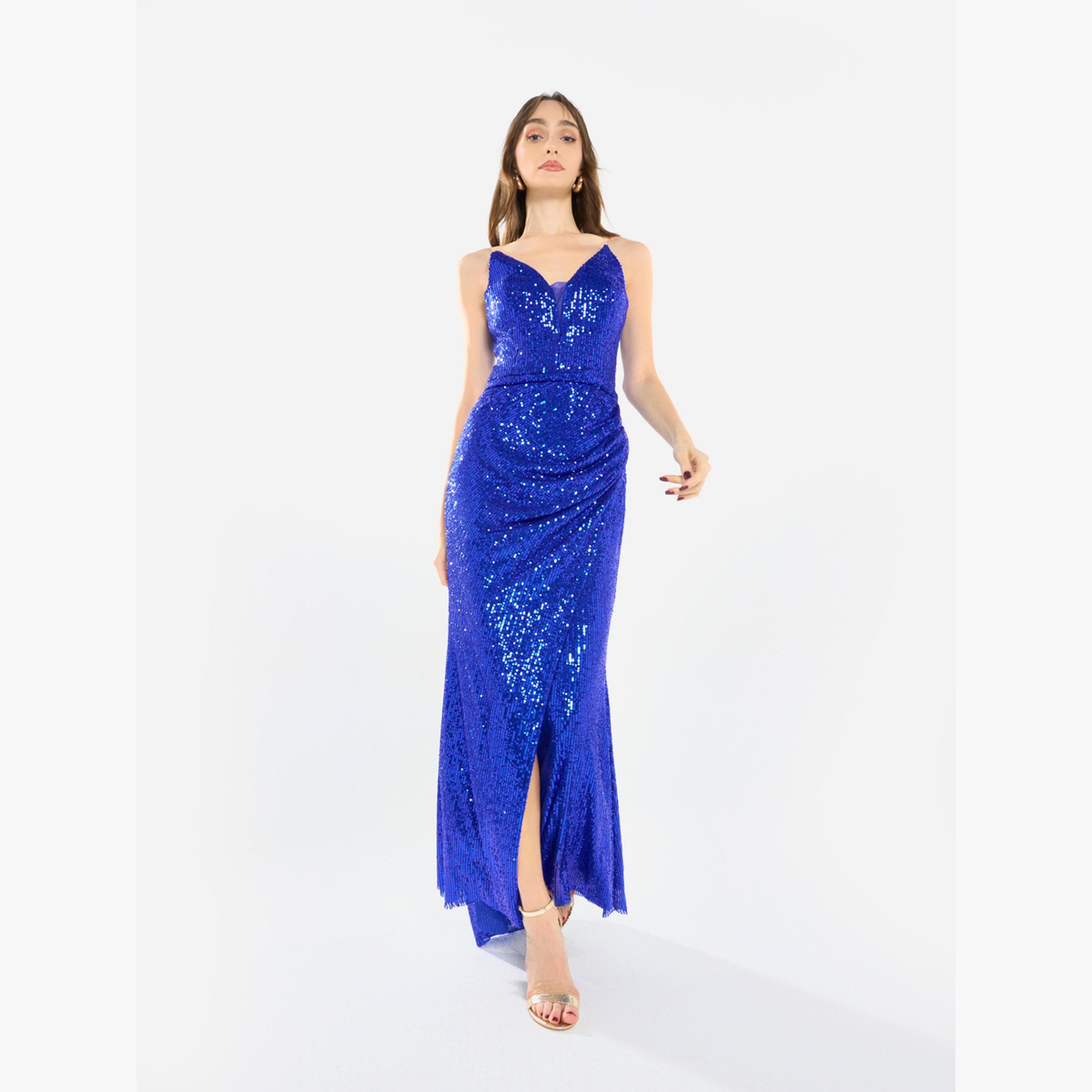 فستان طويل درابيه بحمالات ومزين بالترتر-women-clothing-dresses-image-1