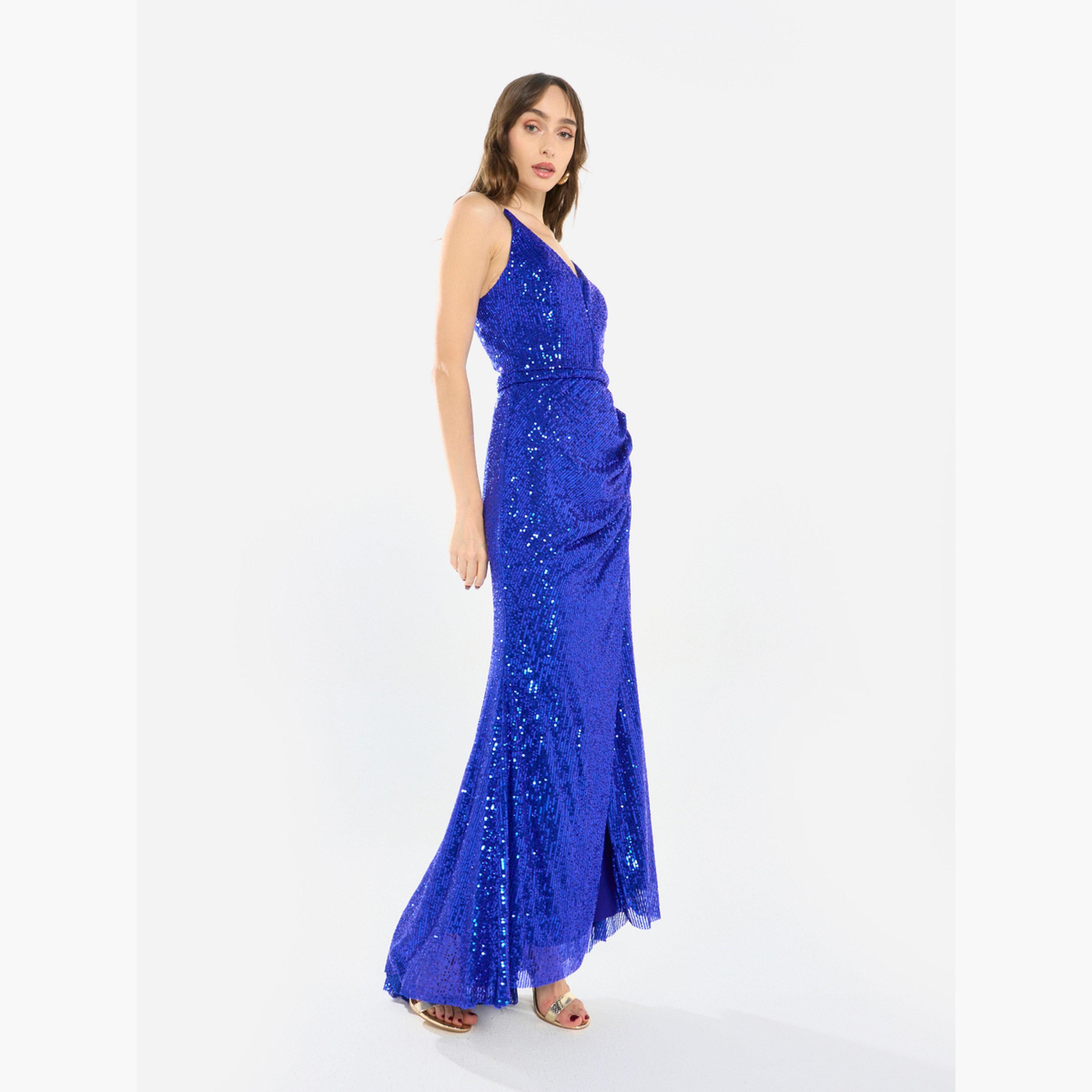 فستان طويل درابيه بحمالات ومزين بالترتر-women-clothing-dresses-image-3