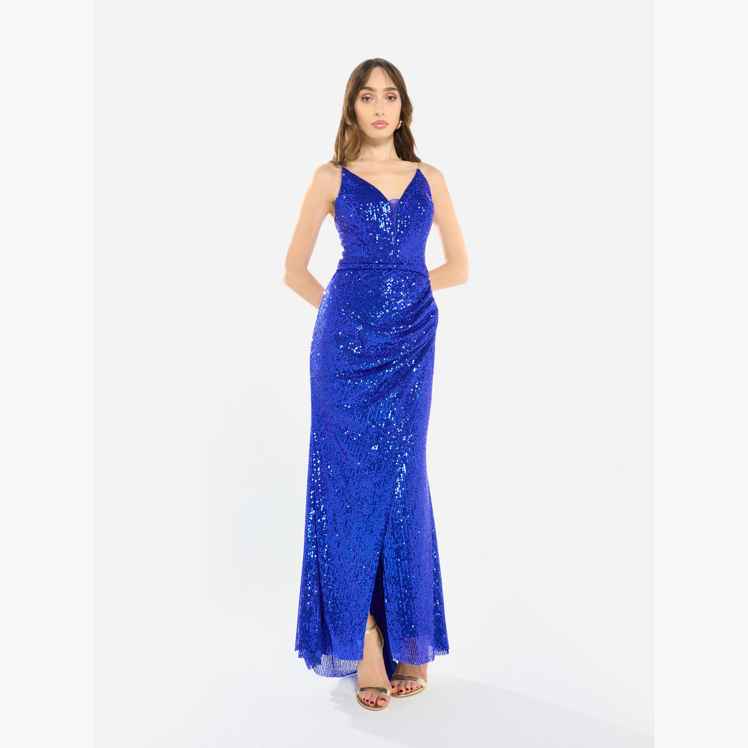 فستان طويل درابيه بحمالات ومزين بالترتر-women-clothing-dresses-image-5