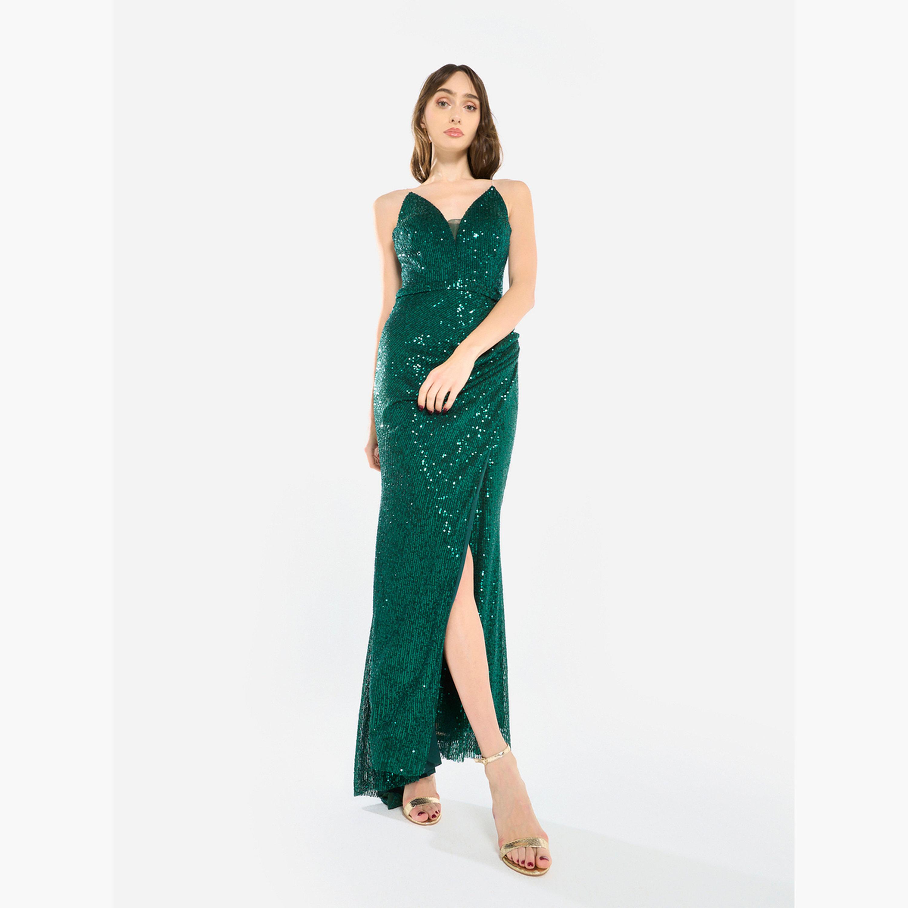 فستان طويل درابيه بحمالات ومزين بالترتر-women-clothing-dresses-image-2