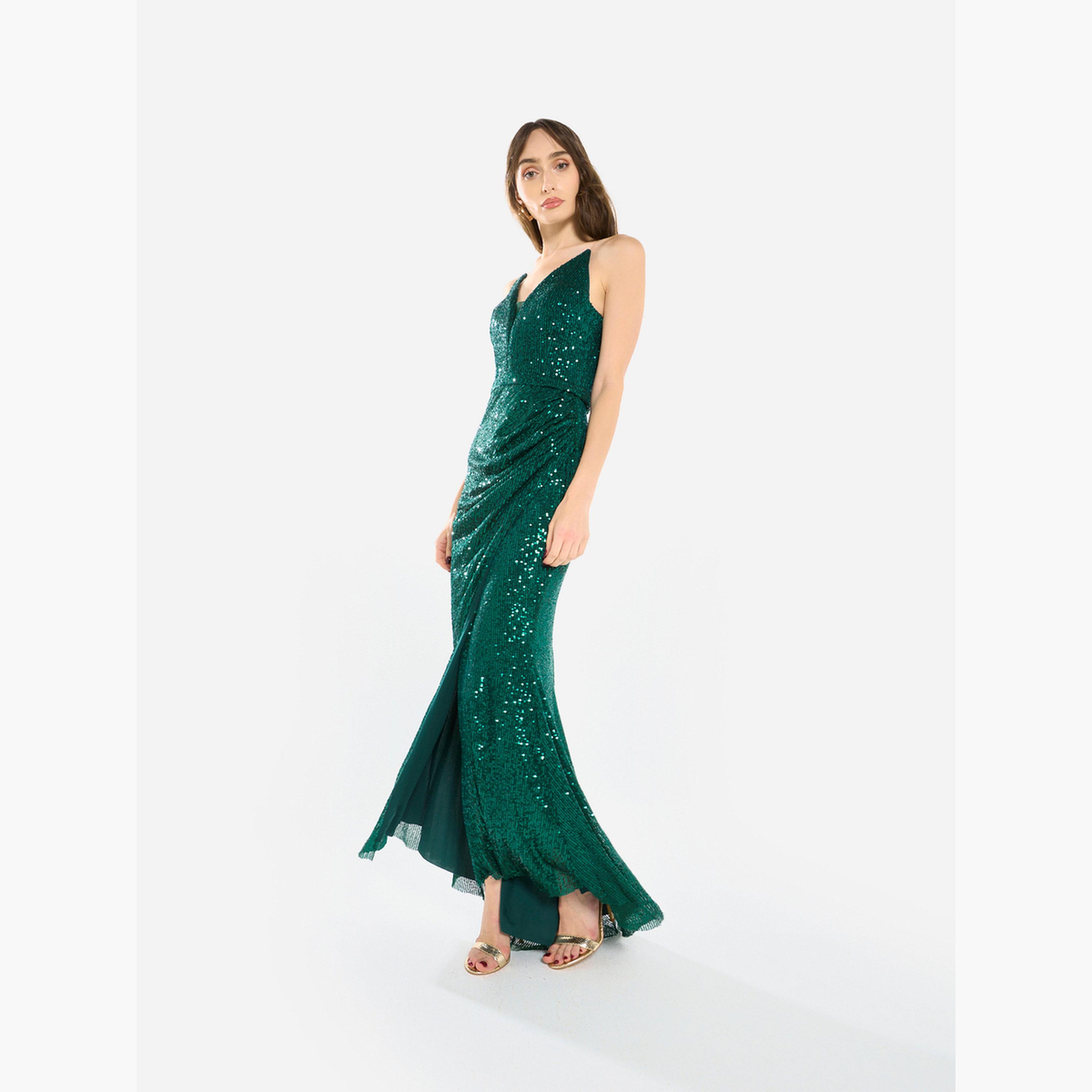فستان طويل درابيه بحمالات ومزين بالترتر-women-clothing-dresses-image-3