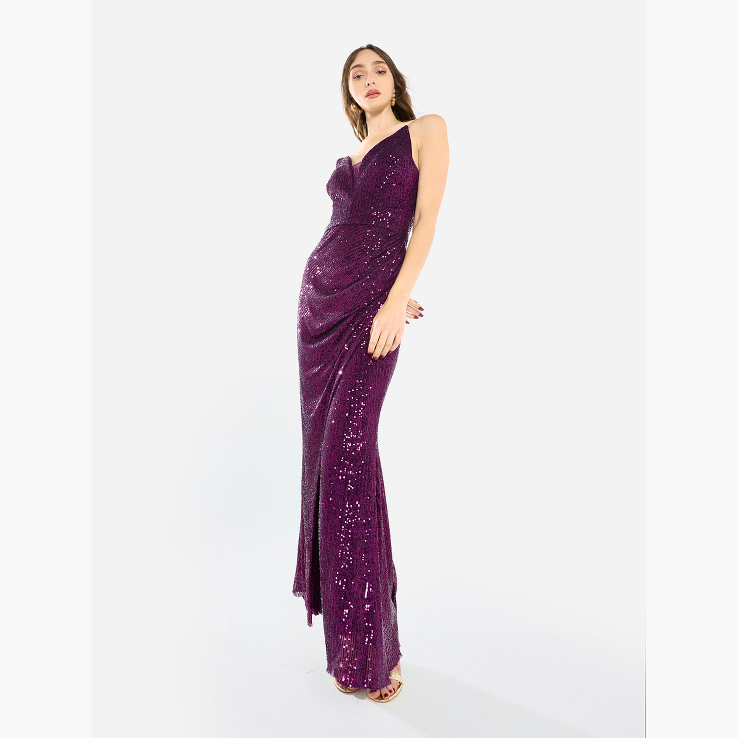فستان طويل درابيه بحمالات ومزين بالترتر-women-clothing-dresses-image-3