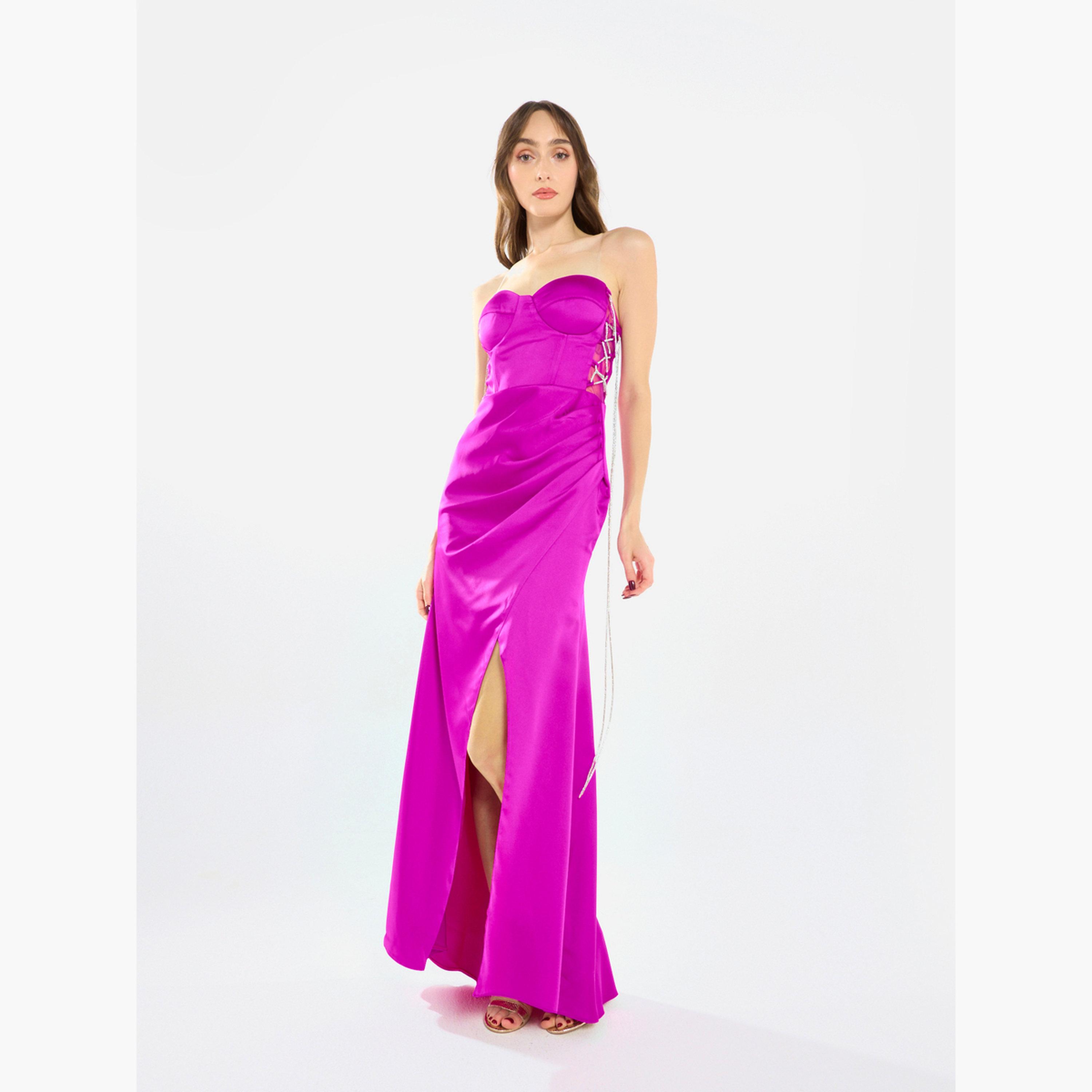 فستان سهرة طويل بفتحة وتفاصيل دانتيل جانبية-women-clothing-dresses-image-2