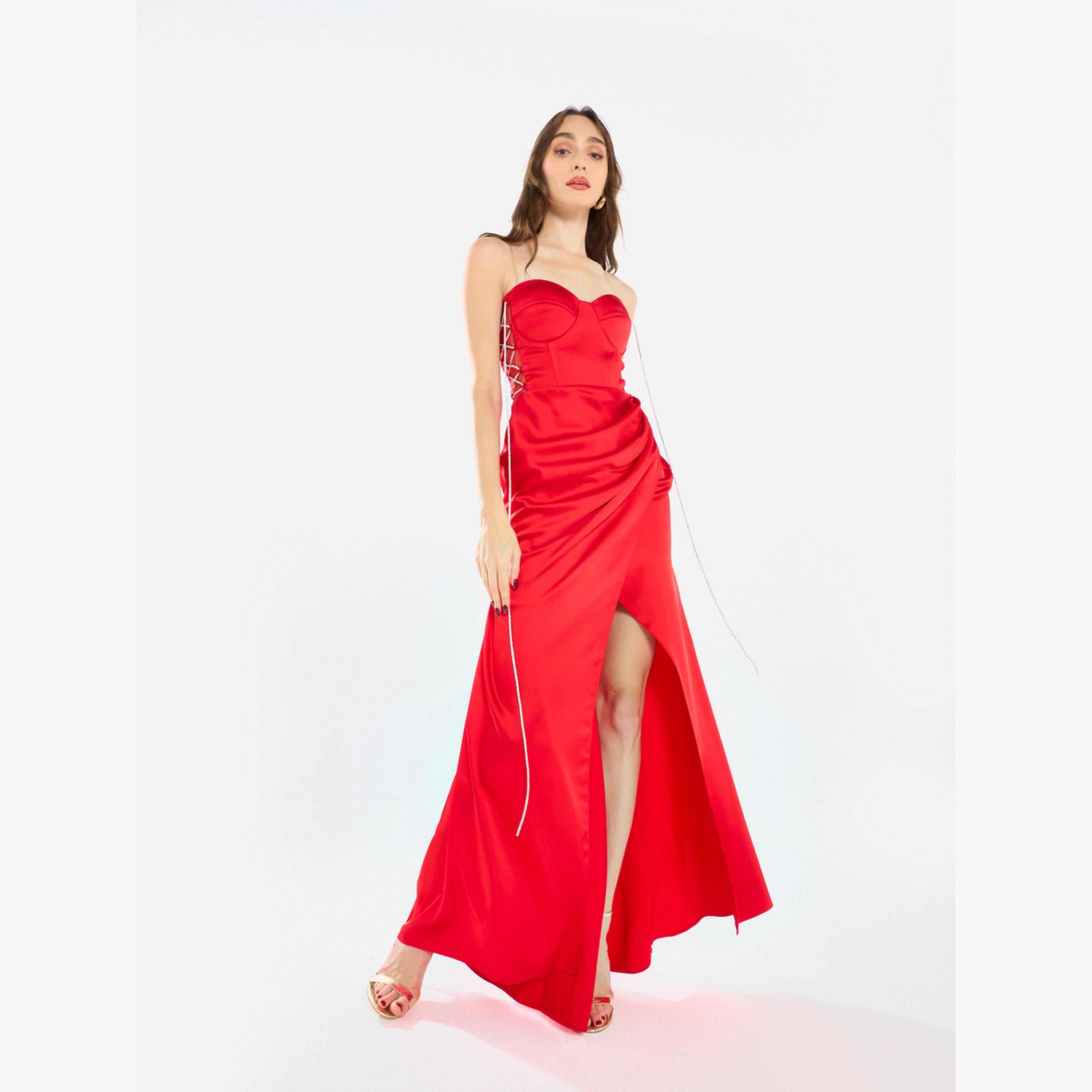 فستان سهرة طويل بفتحة وتفاصيل دانتيل جانبية-women-clothing-dresses-image-2