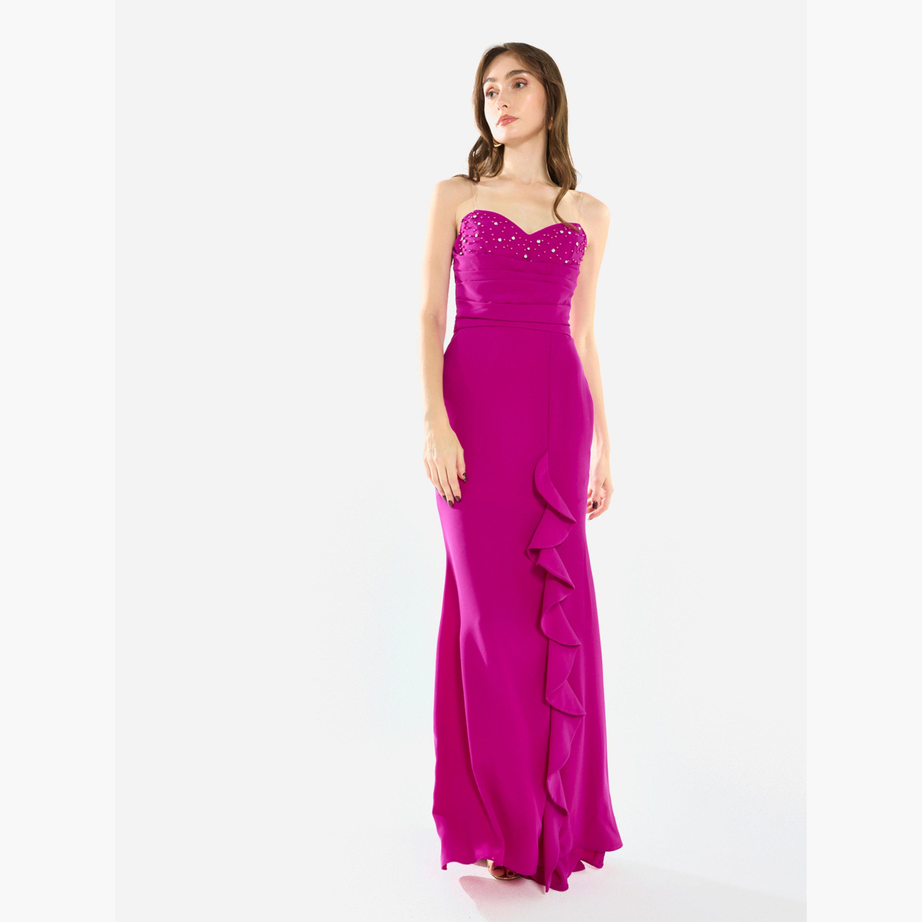 فستان سهرة طويل مكشكش ومزين بالخرز-women-clothing-dresses-image-2