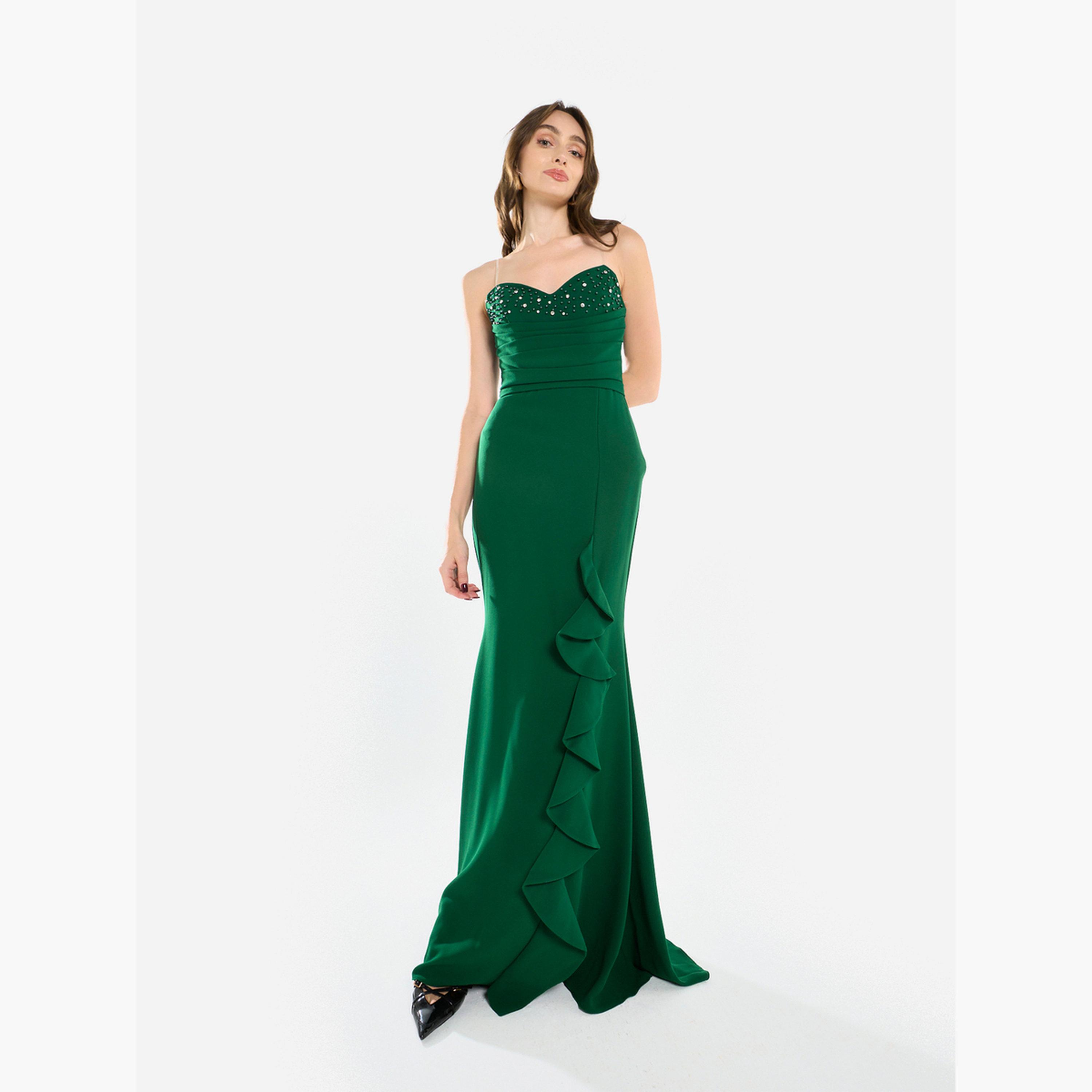 فستان سهرة طويل مكشكش ومزين بالخرز-women-clothing-dresses-image-1