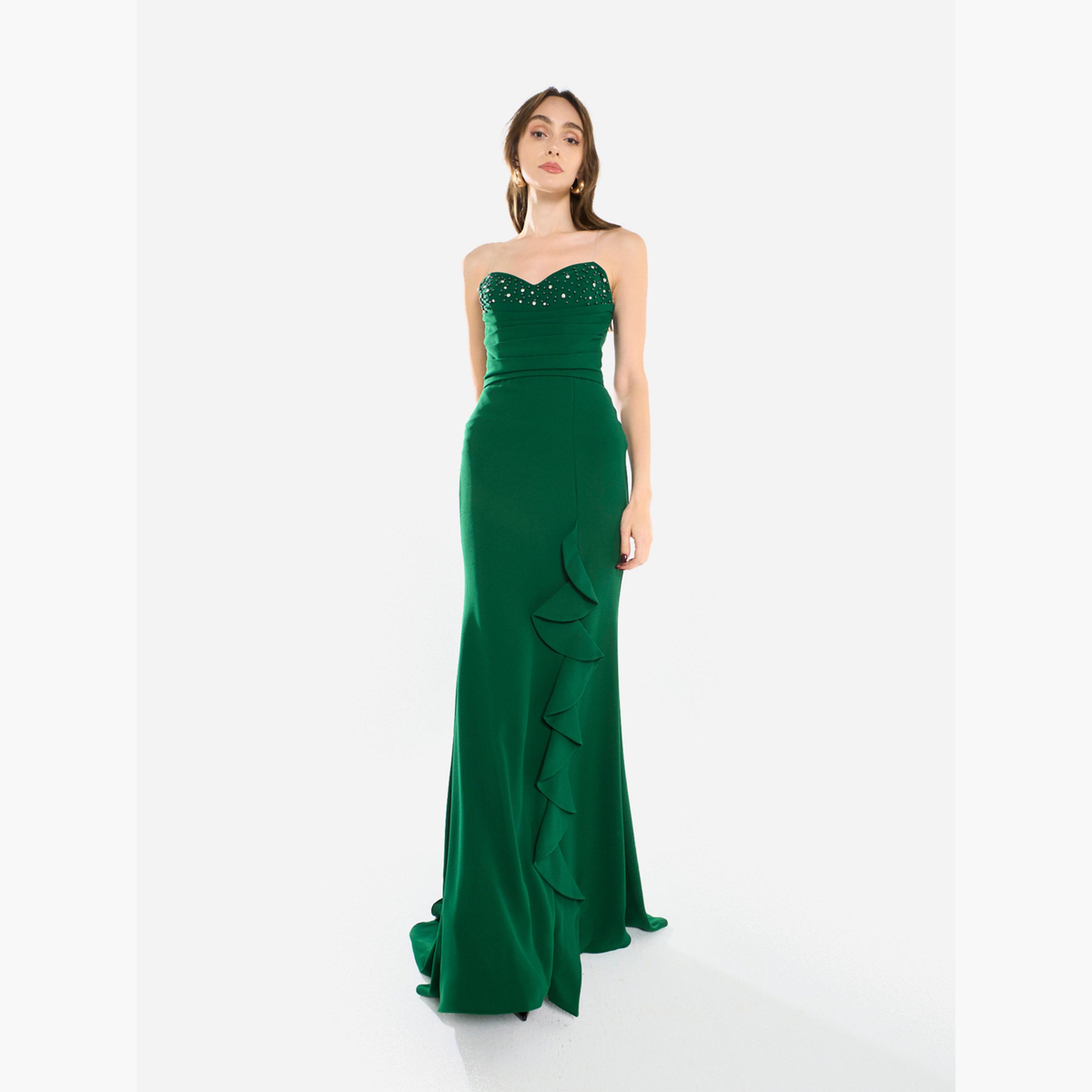 فستان سهرة طويل مكشكش ومزين بالخرز-women-clothing-dresses-image-2