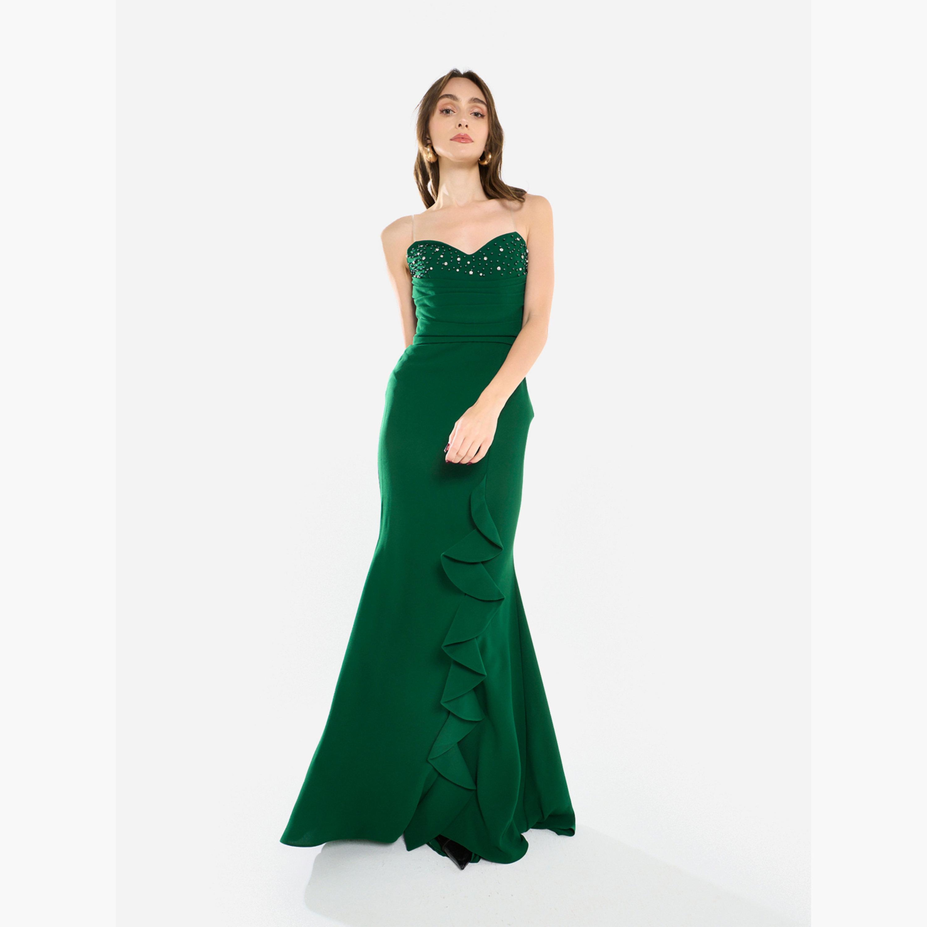 فستان سهرة طويل مكشكش ومزين بالخرز-women-clothing-dresses-image-3