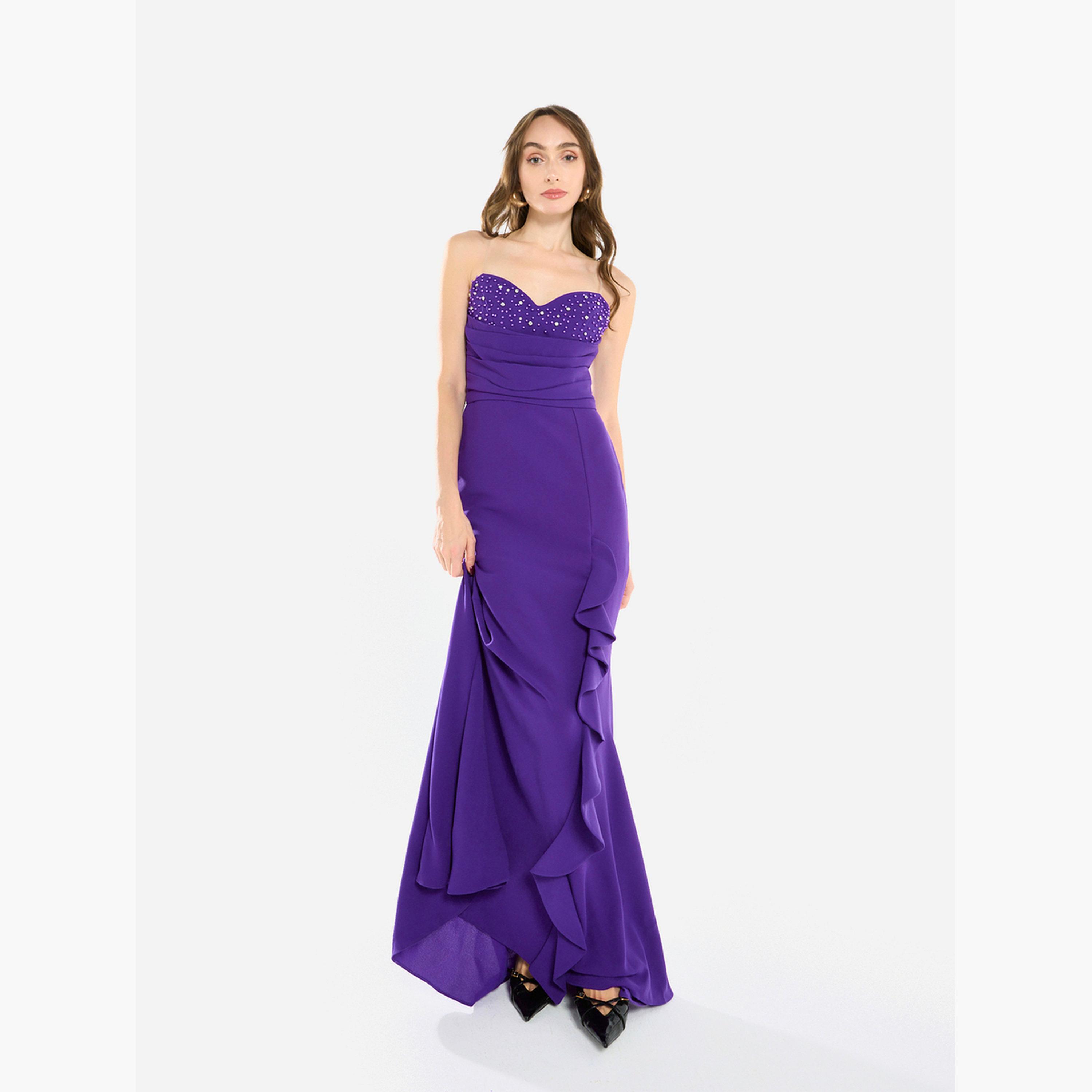 فستان سهرة طويل مكشكش ومزين بالخرز-women-clothing-dresses-image-1