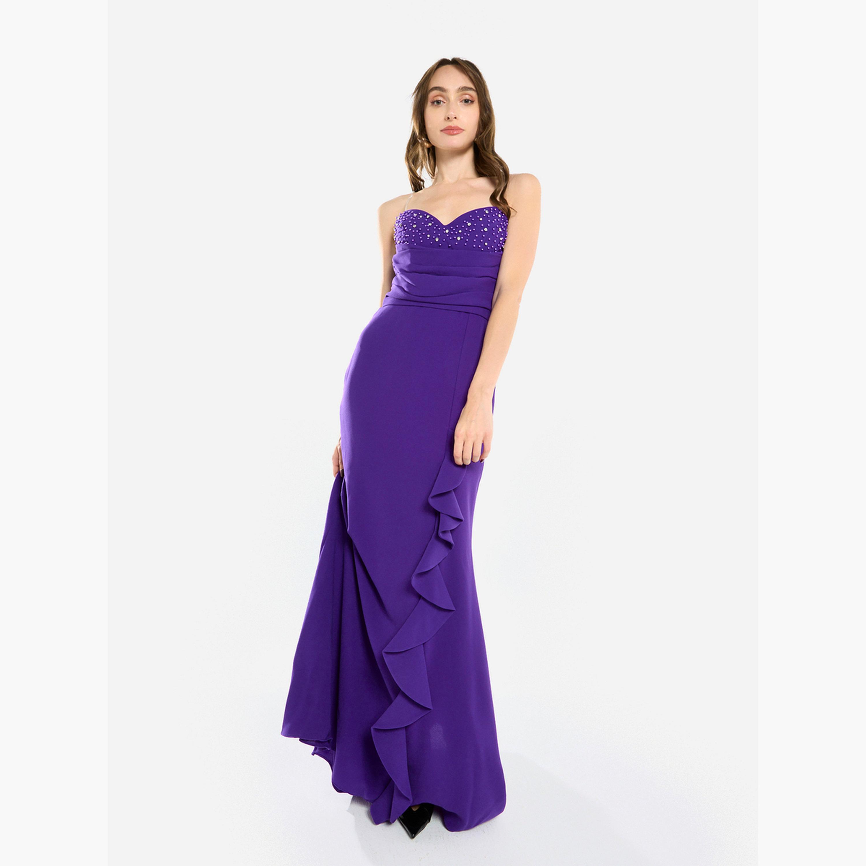 فستان سهرة طويل مكشكش ومزين بالخرز-women-clothing-dresses-image-2