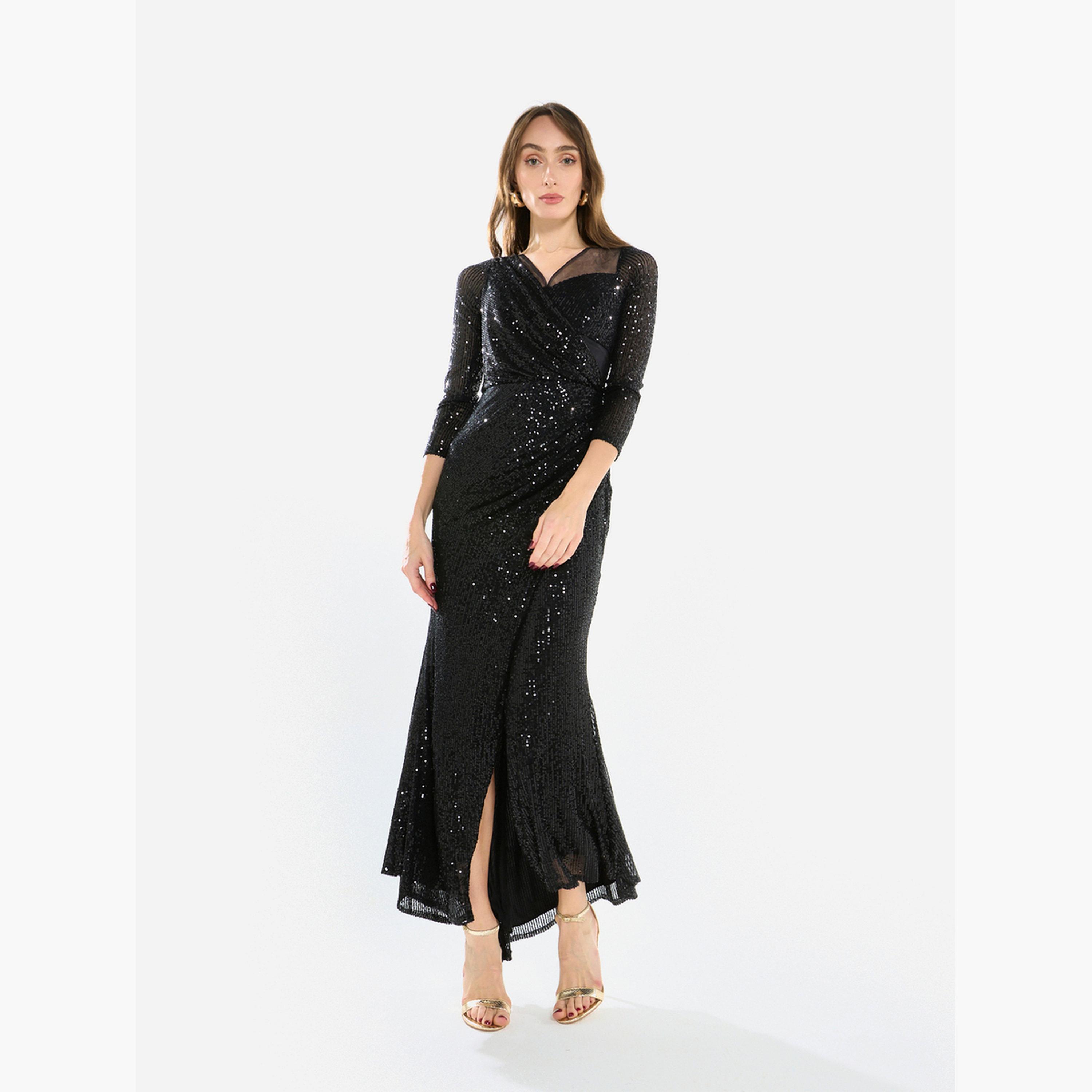 House of Moda Women Sequin Wrap Slit Maxi Dress-women-clothing-dresses-image-1