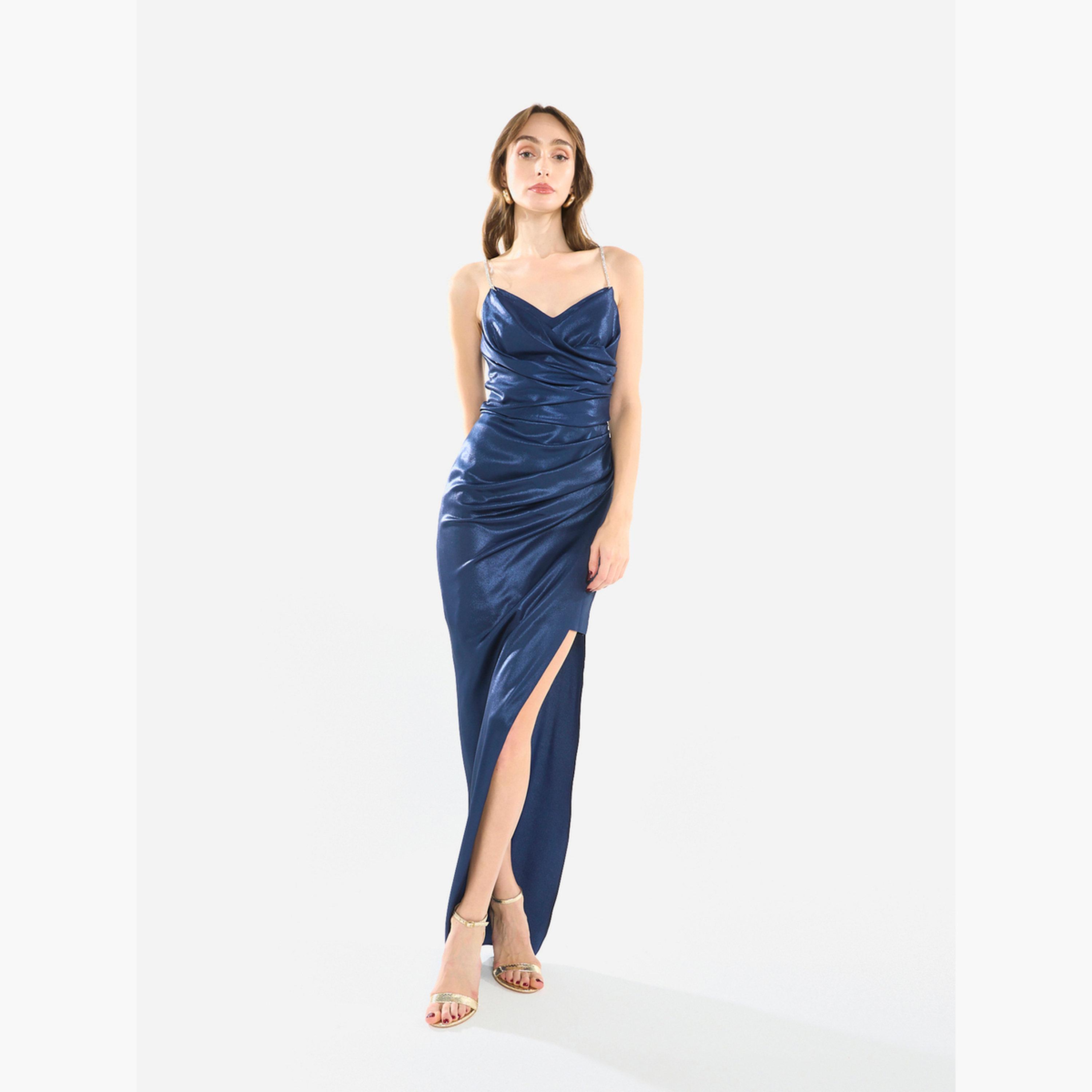 فستان سهرة طويل بياقة منسدلة وحمالات كريستال-women-clothing-dresses-image-1