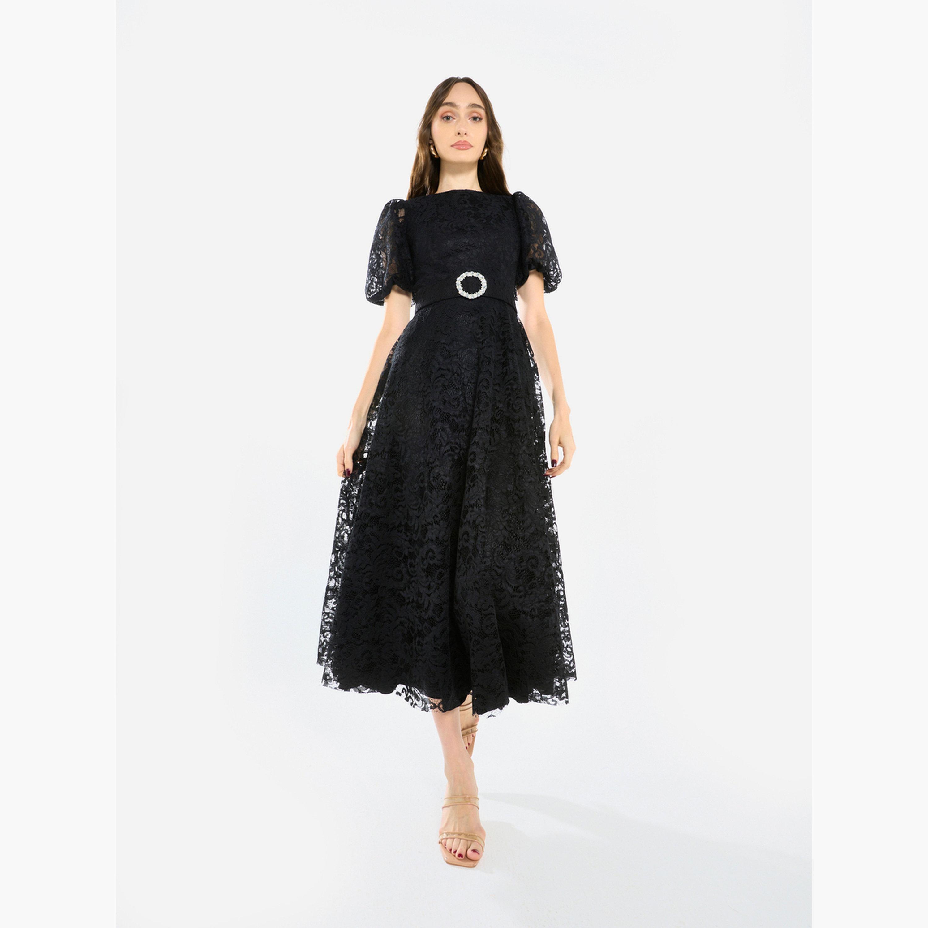 فستان ميدي بأكمام منفوخة ودانتيل بنمط زهور-women-clothing-dresses-image-1