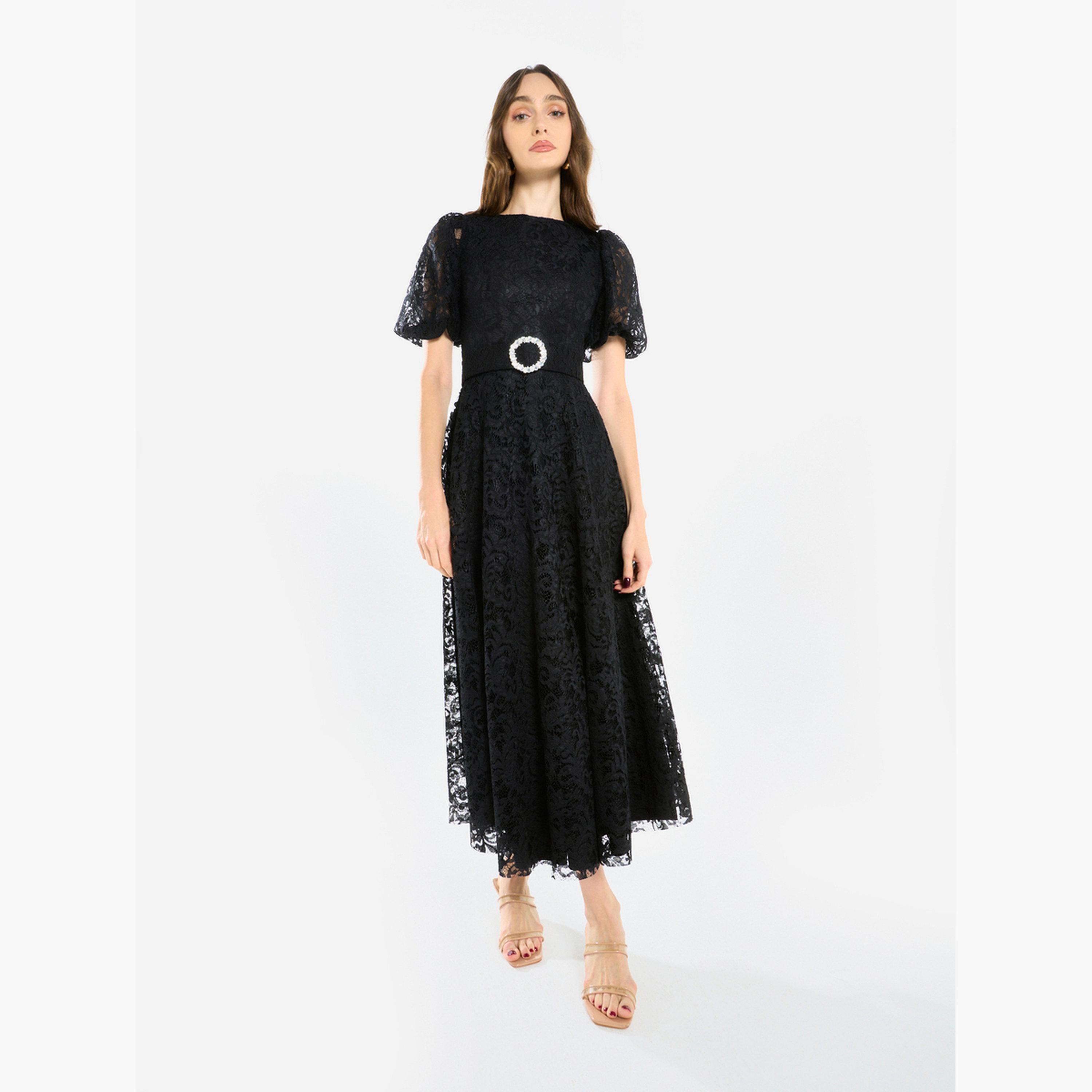 فستان ميدي بأكمام منفوخة ودانتيل بنمط زهور-women-clothing-dresses-image-2